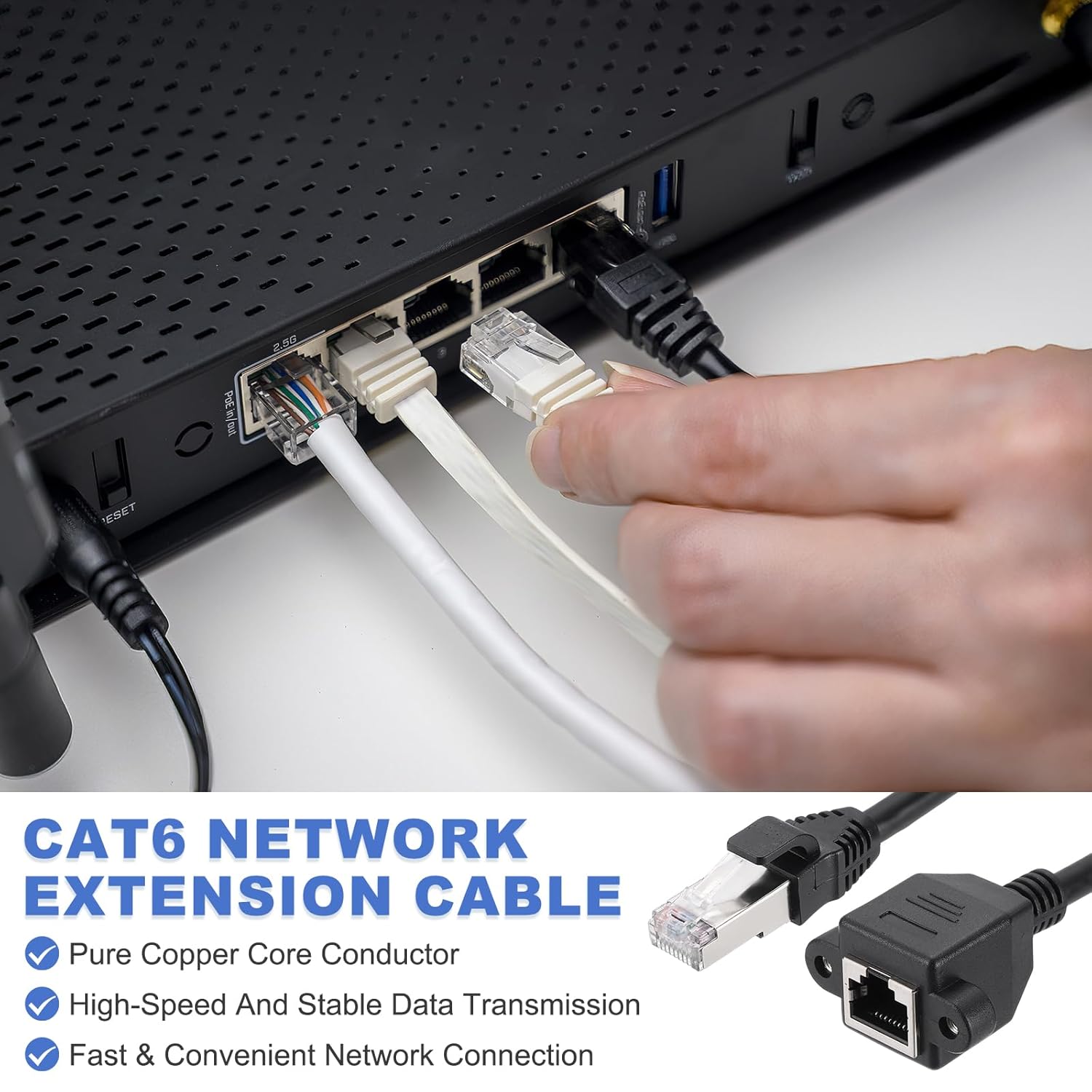 MECCANIXITY Cat6 Ethernet Extension Cable, 3.3Ft RJ45 Male to Female Screw Panel Mount Ethernet Cable Extender with 2pcs Screw for Router Modem PC Laptop Smart TV Printer
