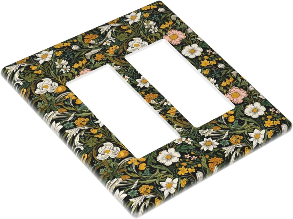 Decorative Outlet Covers Rustic Green Leaf White Daisy Yellow Floral 2 Gang Light Switch Cover Plate Double Rocker Wall Plate Switch Plate Covers Faceplate for Bedroom Home Decor