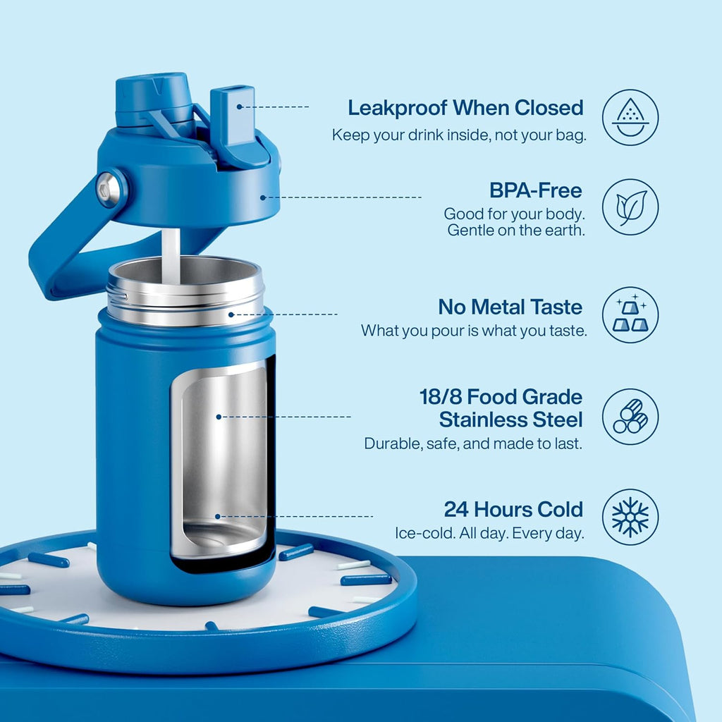 Kids Insualated Water Bottle with Straw - 12oz Stainless Steel Water Bottle with Dual Spouts, Leak-Proof, BPA-Free, Double Wall Vacuum Keeps Cold for 24 Hours for Sports, Travel, School (Celtic Blue)