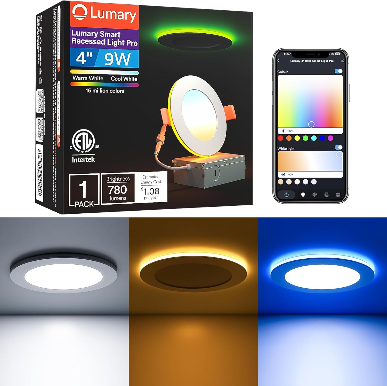 Lumary Smart Recessed Light Pro 4 Inch with RGB/Night Ring, 9W Smart LED Recessed Lighting, Compatible with Alexa & Google Assistant with Junction Box, ETL Listed,1 Pack