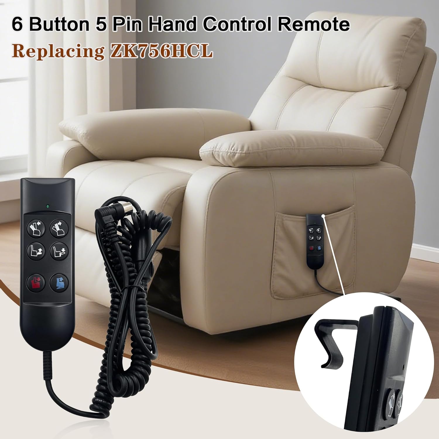 Lift Chair Power Recliner 6 Button 5 Pin Hand Control Remote Replacing ZK756HCL Replacement