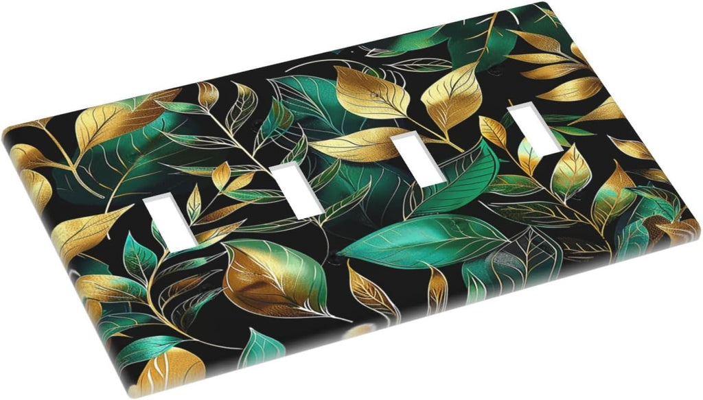Light Switch Covers Vintage Dark Green Vine Leaf Golden Plants Quad Toggle Electrical Faceplate 4 Gang Wall Plate Decorative Switch Plates for Bed Room Cabin Decor
