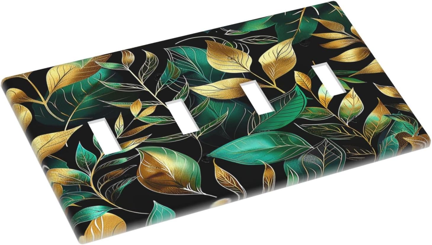 Light Switch Covers Vintage Dark Green Vine Leaf Golden Plants Quad Toggle Electrical Faceplate 4 Gang Wall Plate Decorative Switch Plates for Bed Room Cabin Decor