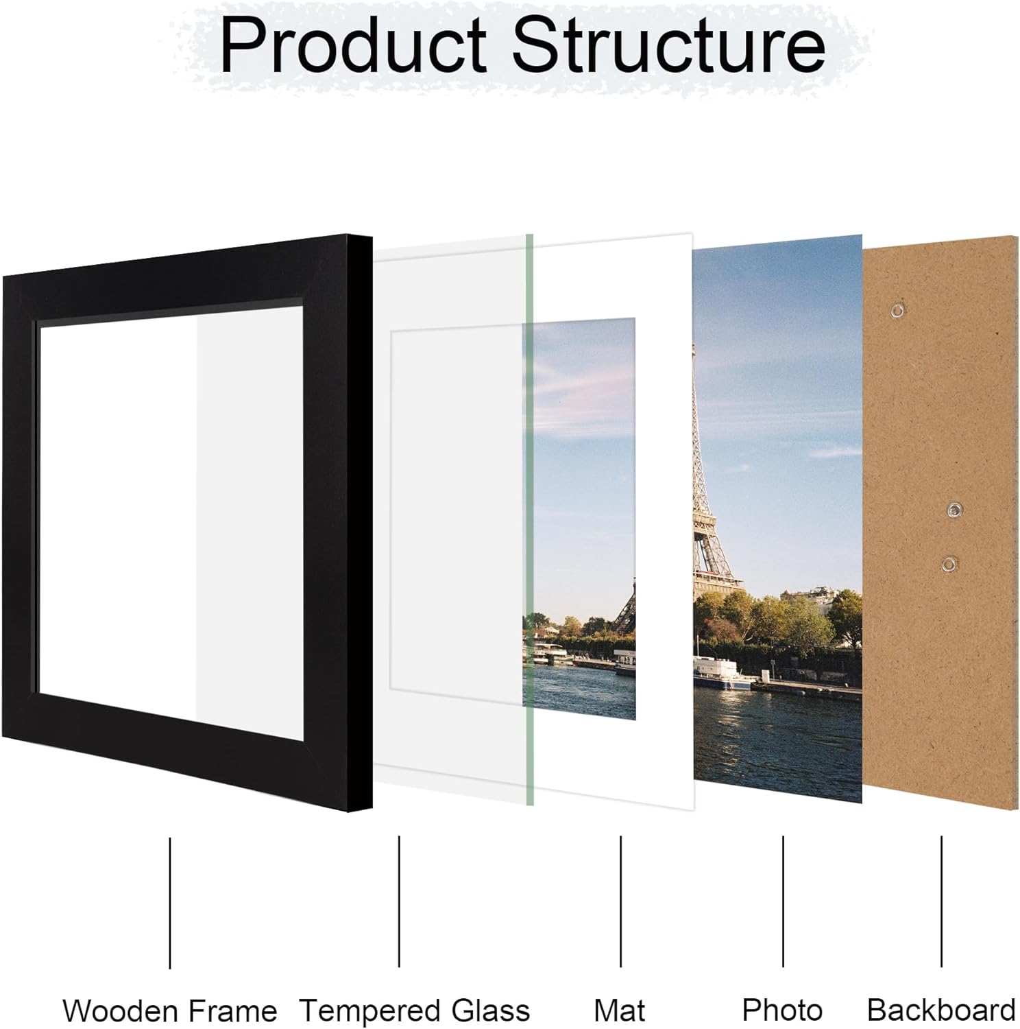 iRahmen 8x8 Picture Frame with HD Tempered Glass, Display Pictures 6x6 with Mat or 8 x 8 Without Mat, Wood Photo Frames for Tabletop and Wall Mount (Black, 1 Pack)