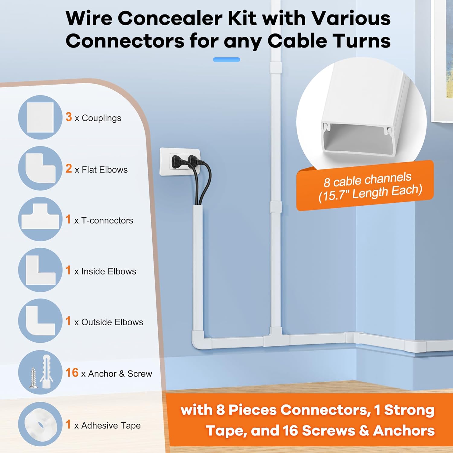 126in Cord Hider Kit, ZhiYo Wire Hiders for TV on Wall, Paintable Cable Management Kit, Wire Cover for Wall Mount TV, Grey Cable Raceway, Cord Cover Wall Wire Management Kit, 8xL15.7in W1.18in H0.67in