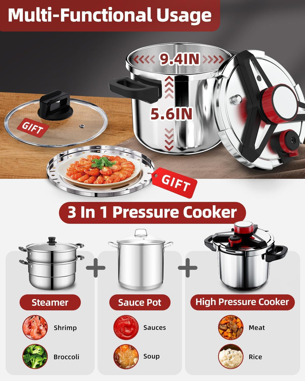 3-In-1 304 Stainless Steel Pressure Cooker 5.2 QT: [Explosion-Proof] [3 PSI Settings], One-Hand Locking, Induction Compatible, Glass Lid & Steamer Rack Included, Olla de Presion