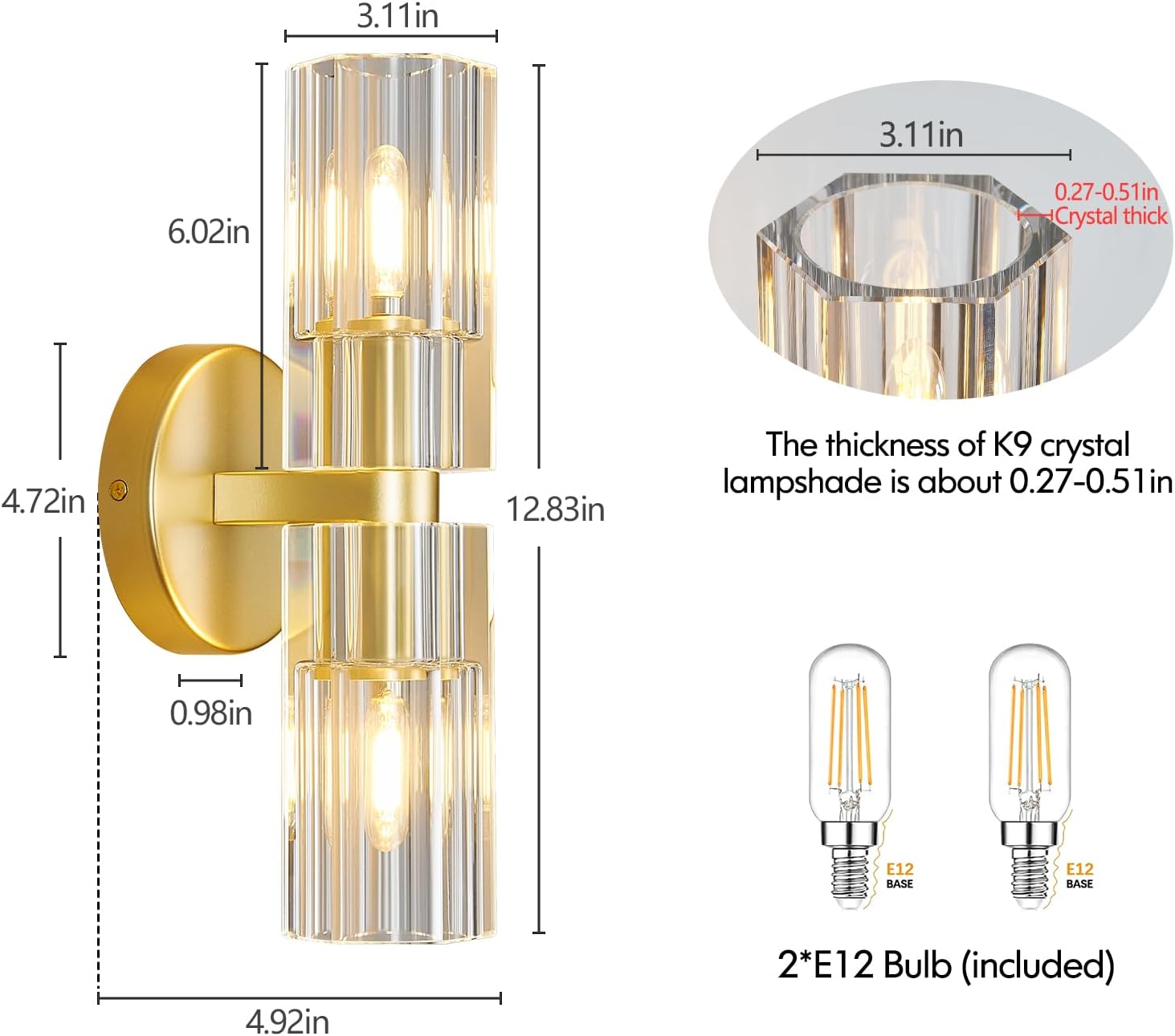 Modern Gold Wall Sconces Set of Two Bedroom Crystal Wall Sconces Indoor Sconces Wall Lighting Living Room Sconces with K9 Crystal Lampshade for Bathroom Hallway Entryway Stairway