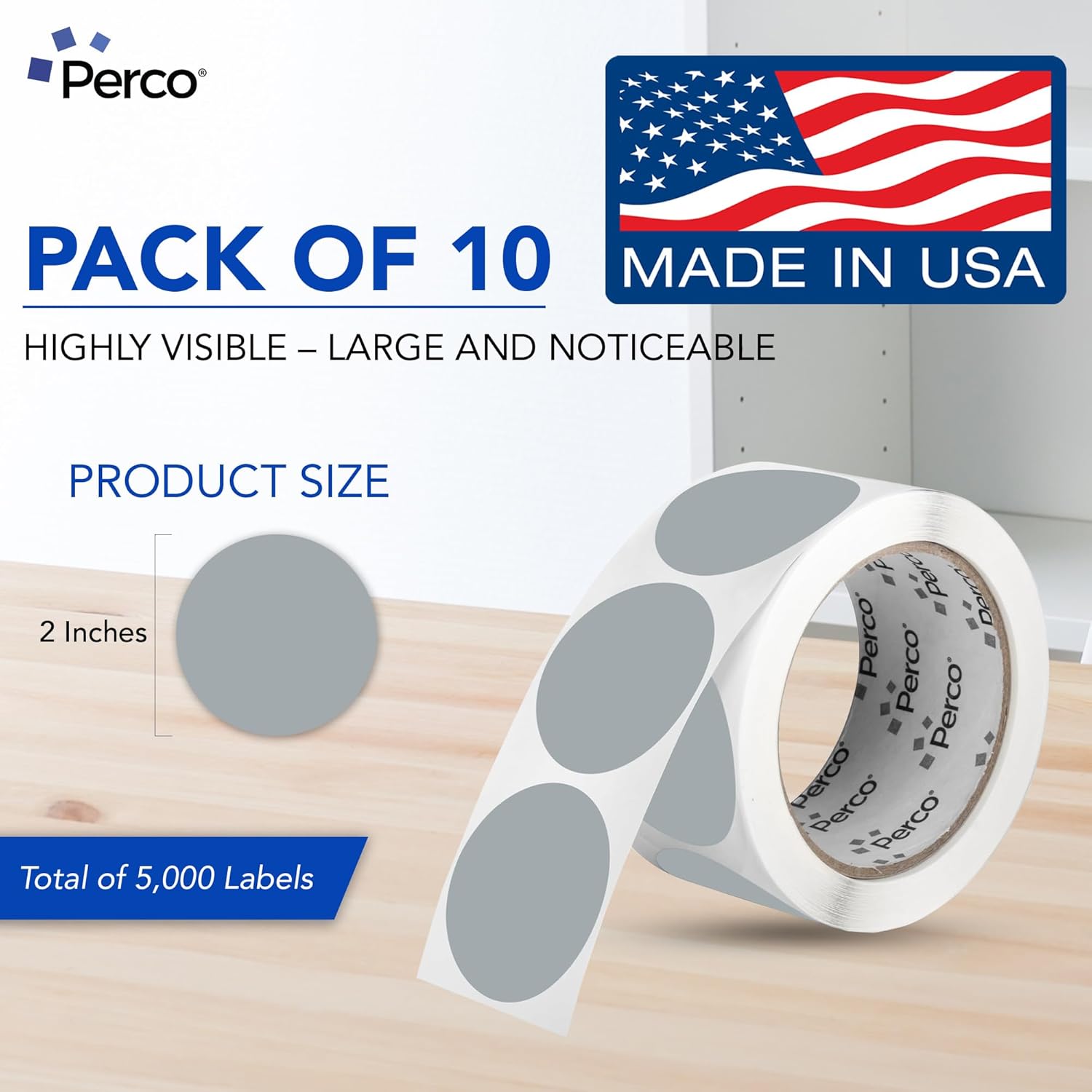 Perco Grey 2-Inch Perforated Circle Dot Sticker Labels — 10 Rolls, 5,000 Round Stickers — with Permanent Adhesive for Organizing, Color Coding, Bin Labeling, Packaging Alerts—Made in USA