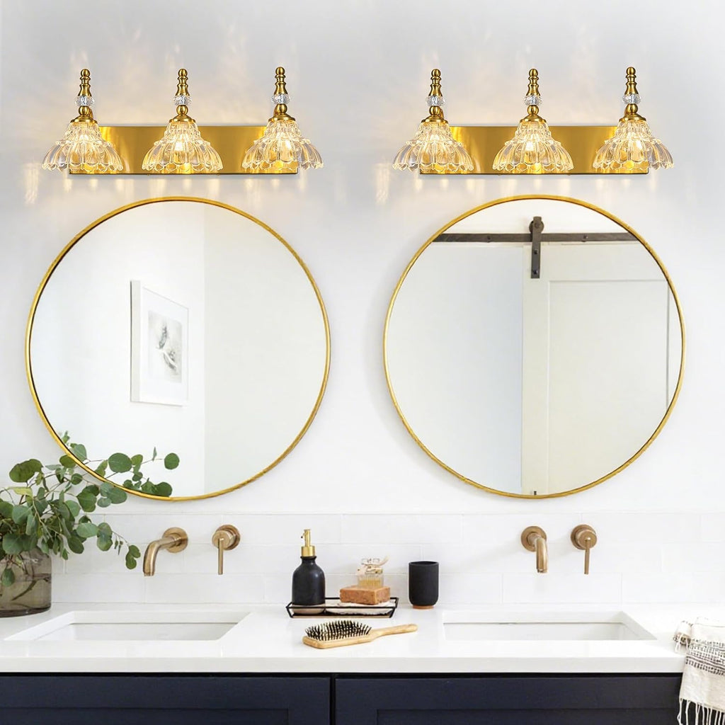 Vintage Bathroom Vanity Light, 3-Light Gold Vanity Lighting Fixture with Flower Glass Shade, Bathroom Lighting Fixtures Over Mirror
