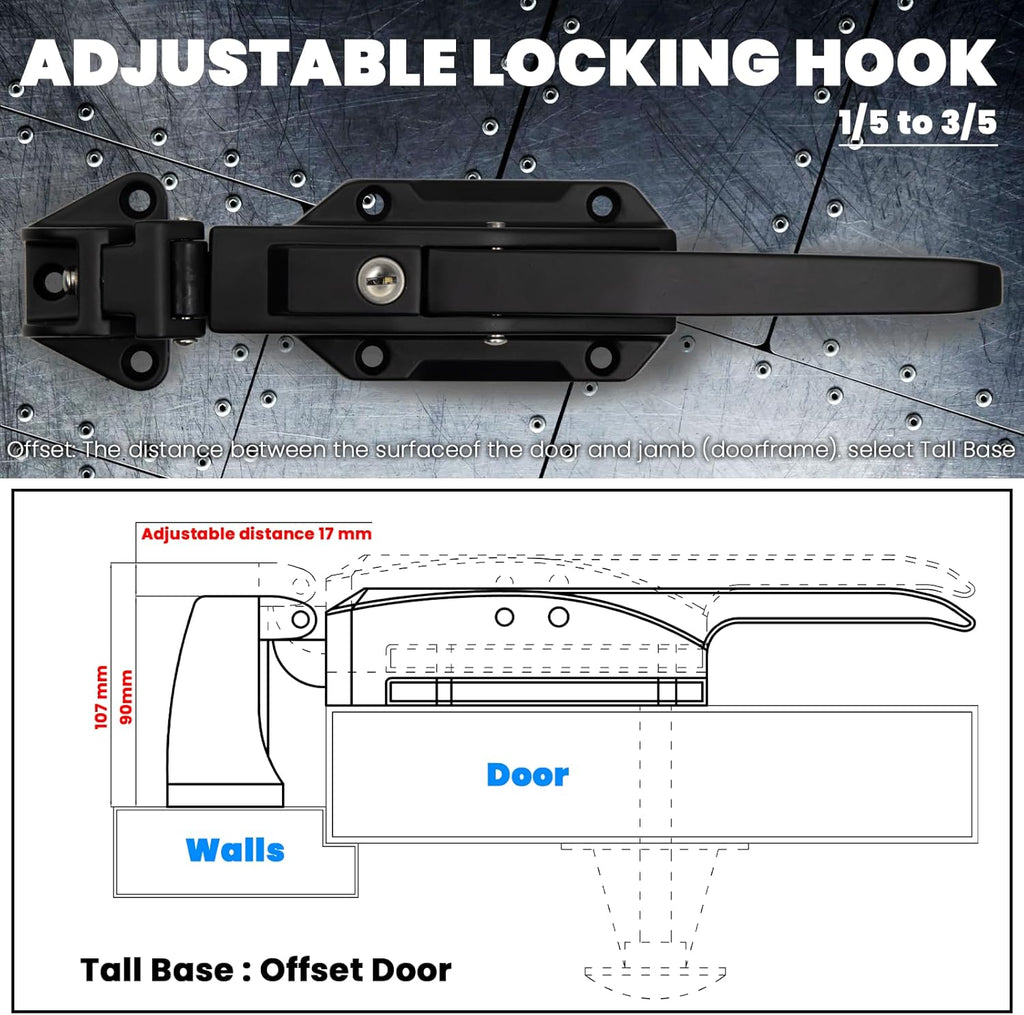 Walk in Cooler Door Closer Complete Latch Kit, Walk in Cooler Door Handle Radial Latch, Offset -1/5 In-3/5 in(Offset) and 5.9" Solid Metal Interior Release Handle（Frosted Black）
