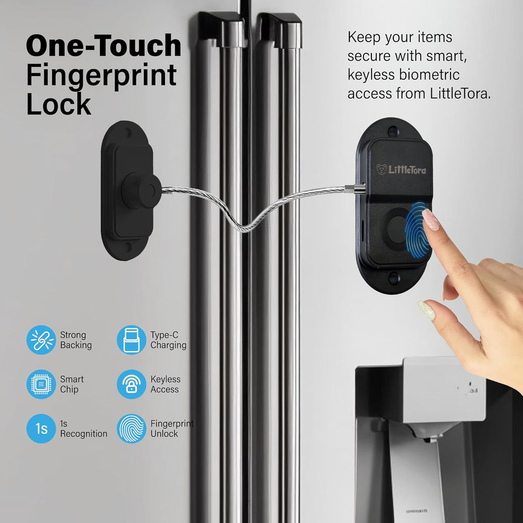 Fingerprint Fridge Lock - Childproof Security Locking for Refrigerator Freezer Cabinet Furniture Doors - 90 Degree Cable Window Locks Smart Biometric Access with Adhesive Drill Installation