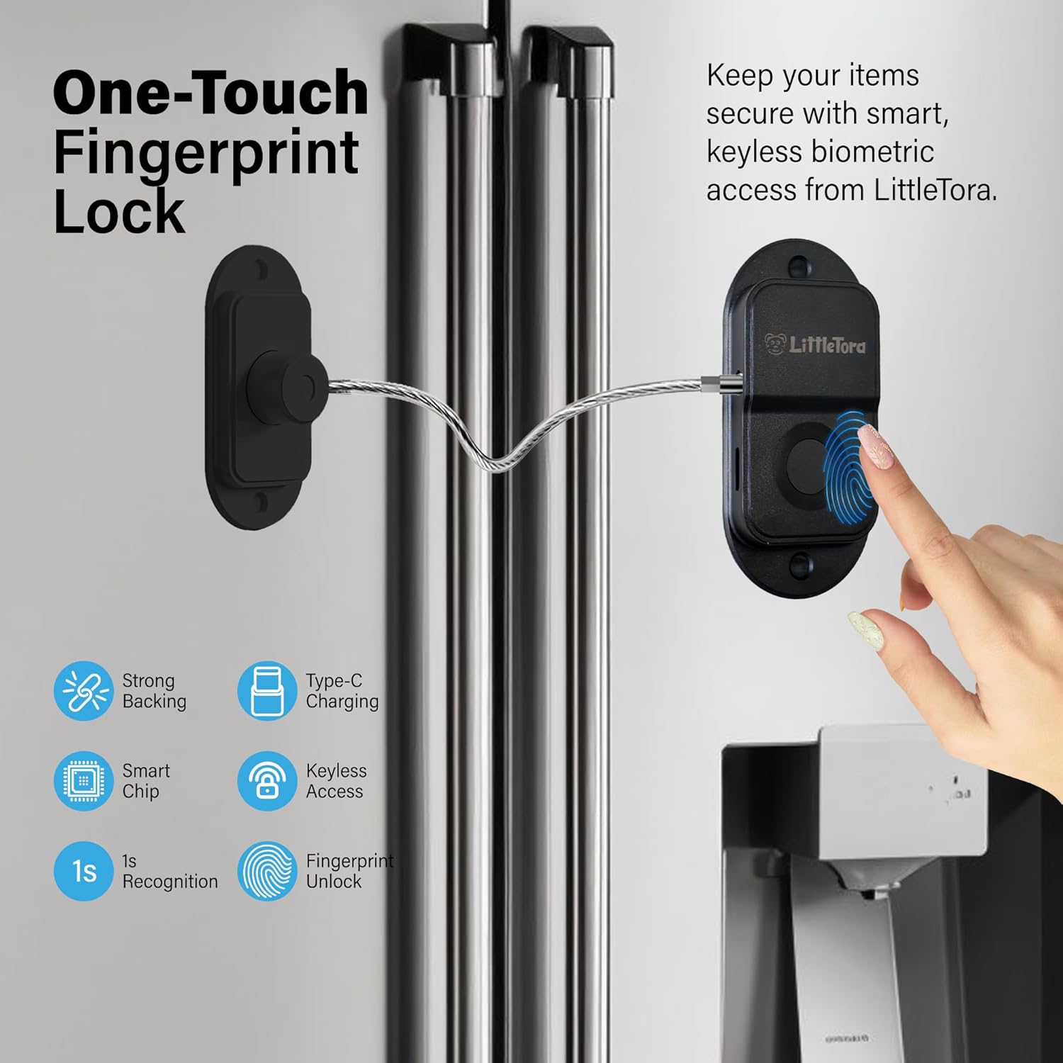 Fingerprint Fridge Lock - Childproof Security Locking for Refrigerator Freezer Cabinet Furniture Doors - 90 Degree Cable Window Locks Smart Biometric Access with Adhesive Drill Installation
