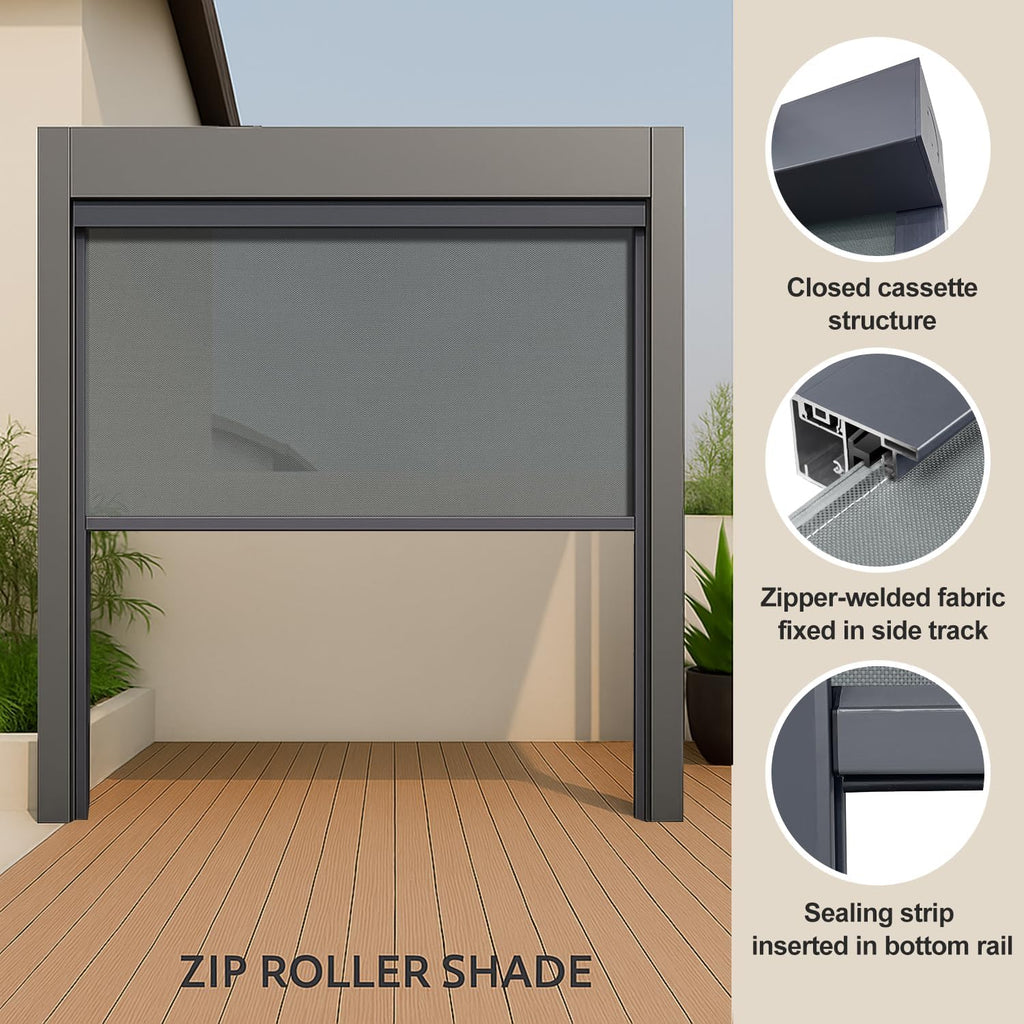 ZSHINE Hard-Wired Outdoor Weatherproof Motorized Patio Roller Shades Remote Control for Porch Balcony Customized Size (Grey 5% Openness)