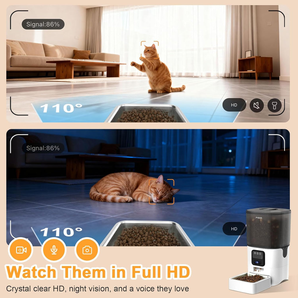 Automatic Cat Feeder with Camera, 1080P HD Video with Night Vision, 2.4G WiFi Pet Feeder for Cat & Small Dog, 2-Way Audio & Meal Call Pet Food Dispenser, Motion Capturing Auto Dog Feeder 6L