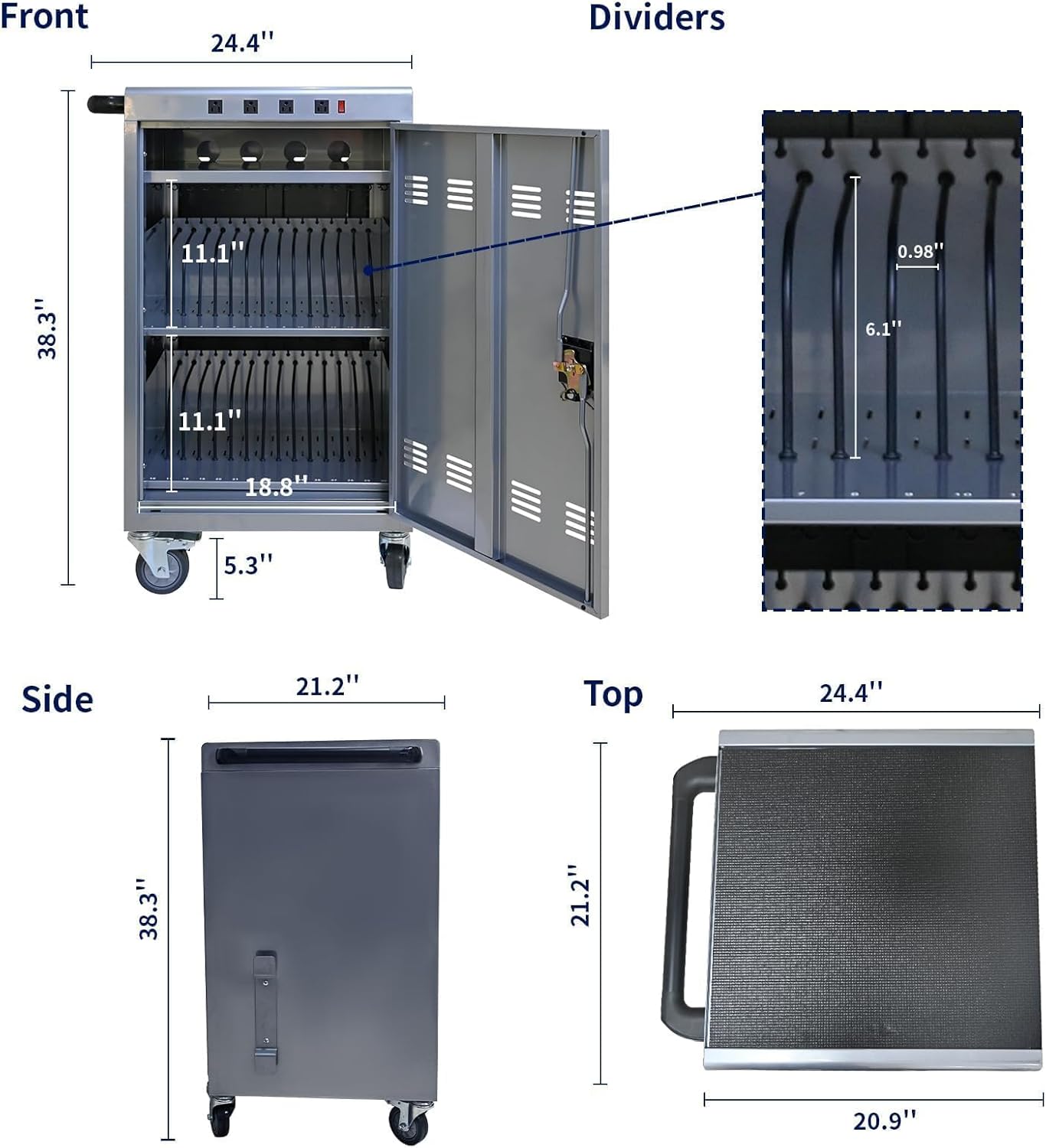 35 Device Charging Cart for Laptops and Tablets Up to 16.3-inch, Mobile Charging Station with AC Outlets, Secure Storage and Cable Management, Mobile Charging Cabinet for Ipads, Chromebooks, Silver
