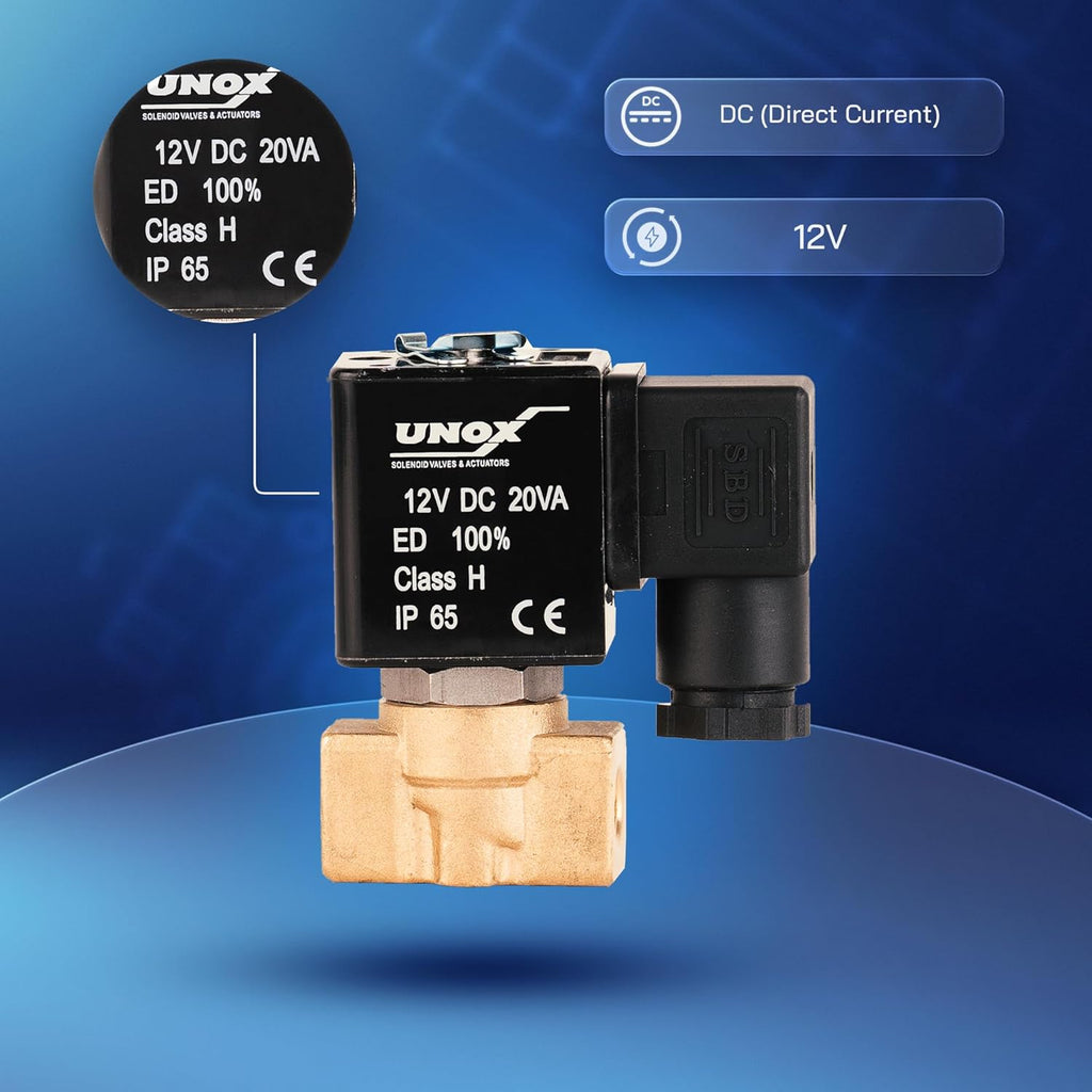 UNOX 1/4" NPT Solenoid Valve 12V DC, Brass Control Valve Normally Closed - 0-232 PSI Multi-Purpose Reliable Control Valve for Water, Air, and Gas - Solenoid Valves