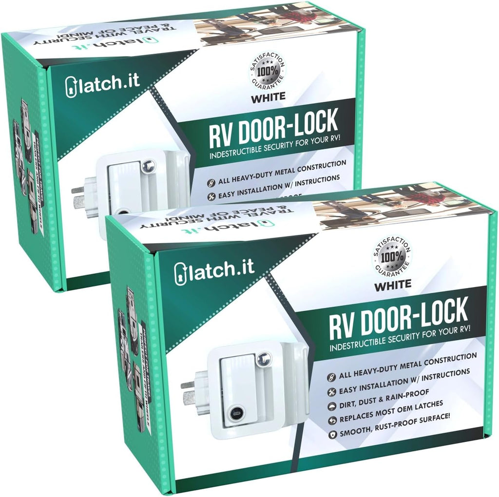 LATCH.IT White RV Door Latch | 2 Keyed Alike RV Door Locks for Travel Trailers | 100% Metal Camper Door Lock w/ 4 Keys | Easy-to-Install & Fits Most!