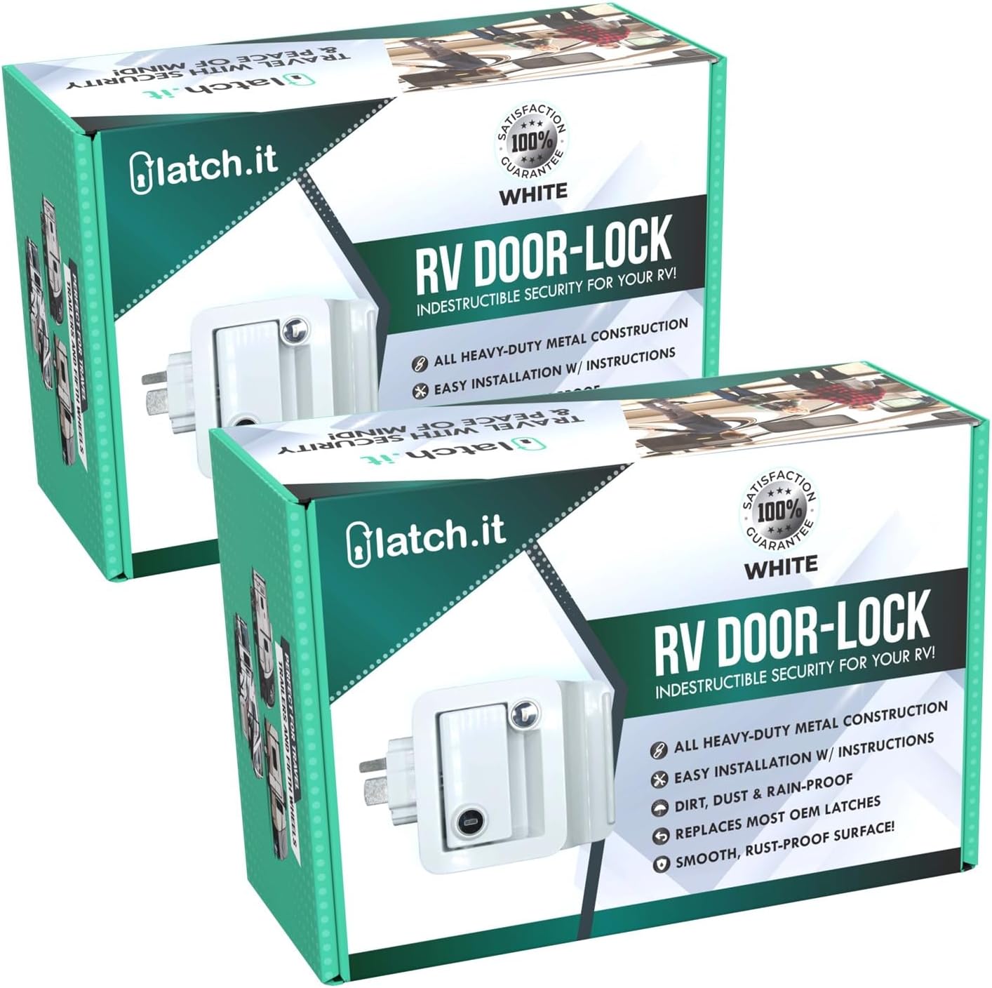 LATCH.IT White RV Door Latch | 2 Keyed Alike RV Door Locks for Travel Trailers | 100% Metal Camper Door Lock w/ 4 Keys | Easy-to-Install & Fits Most!