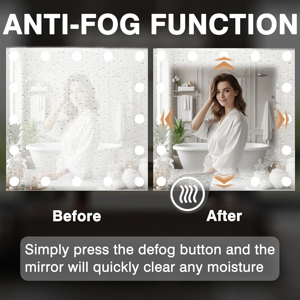 32x32 Hollywood LED Bathroom Mirror with LED Bulbs, Colors Changeable & Brightness Dimmable, Anti-Fog Mirror, Shatter-Proof, Memory, Touch Screen Mirror, Wall Mounted, Horizontal/Vertical
