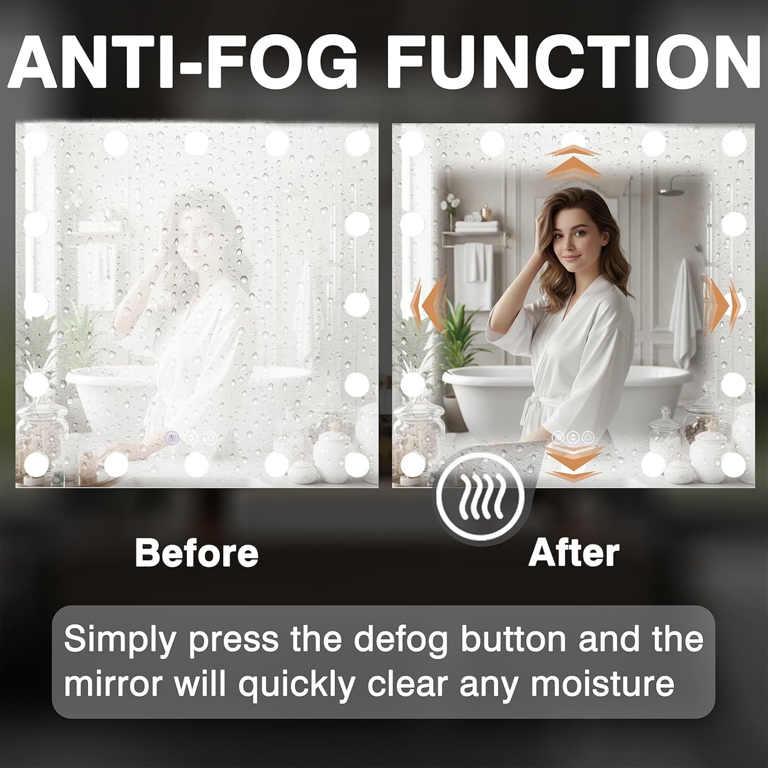 48x36 Hollywood Lighted Mirrors for Bathroom Wall, Smart Mirror for Bathroom with Dimmable LED Bulbs, 3 Color Temperatures, No Fog Mirror, Tempered Glass, Memory, Horizontal/Vertical
