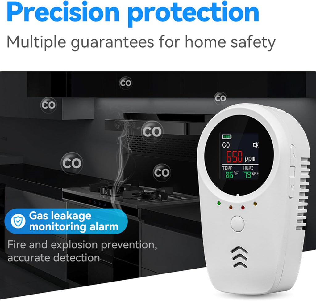 5PCS 5-in-1 Rechargeable Carbon Monoxide & Natural Gas Detectors with Temperature/Humidity LCD Display & 2000mAh Lithium-ion Battery, Portable Plug in Co Detector for Home Travel RV Essentials