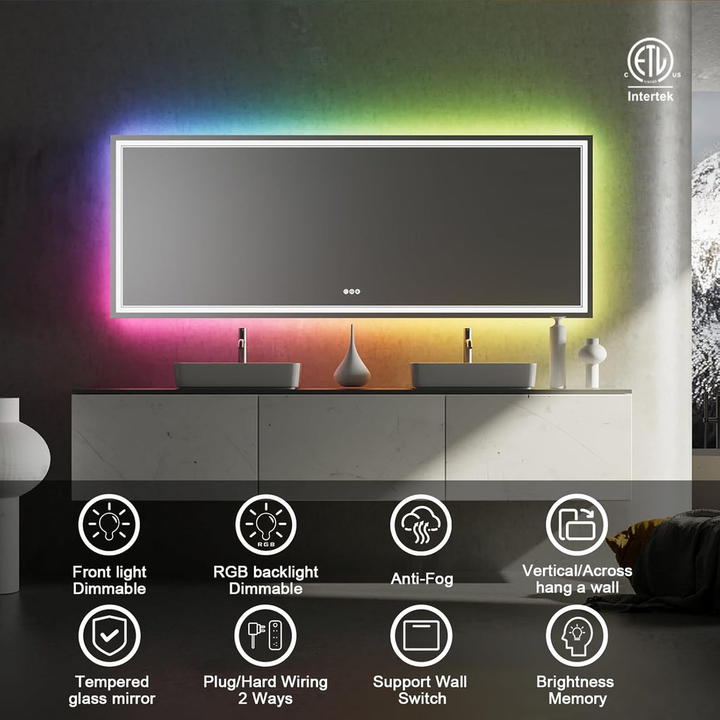 96x36 Inch RGB LED Bathroom Mirror with Lights, Color Changing RGB Backlit LED Mirror for Bathroom,Lighted Vanity Mirrors for Bathroom Wall, Dimmable, Anti-Fog (RGB Backlit+Front-Lit)