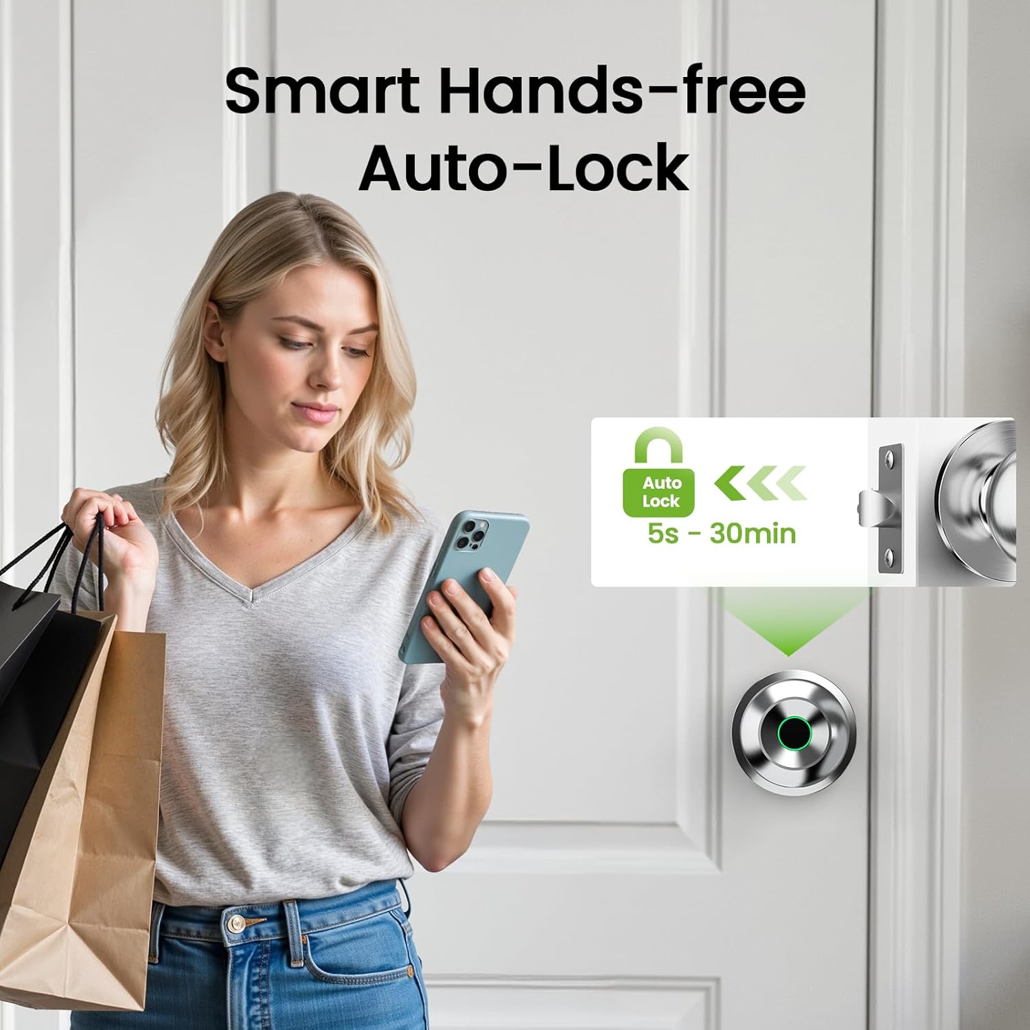 GHome Smart Fingerprint Door Lock, 3 in 1 Smart Fingerprint Door Knob with App Control & Key, Auto Lock, Biometric Door Knobs with Lock for Bedroom, Garage, Home & Office