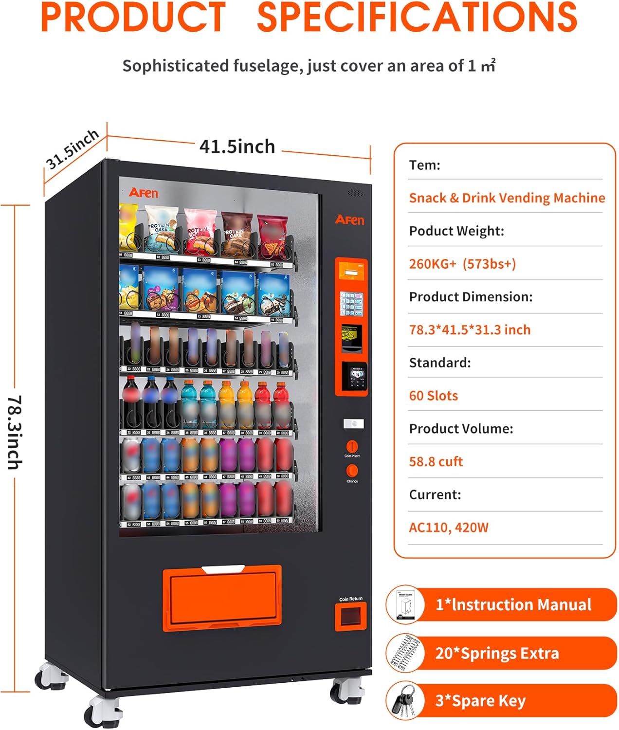 Afen Commercial Vending Machine with Card Reader, 60 Slot Refrigerated Snack & Drink Combo Vending Machine for Business Factory Supplier, Cashless Only