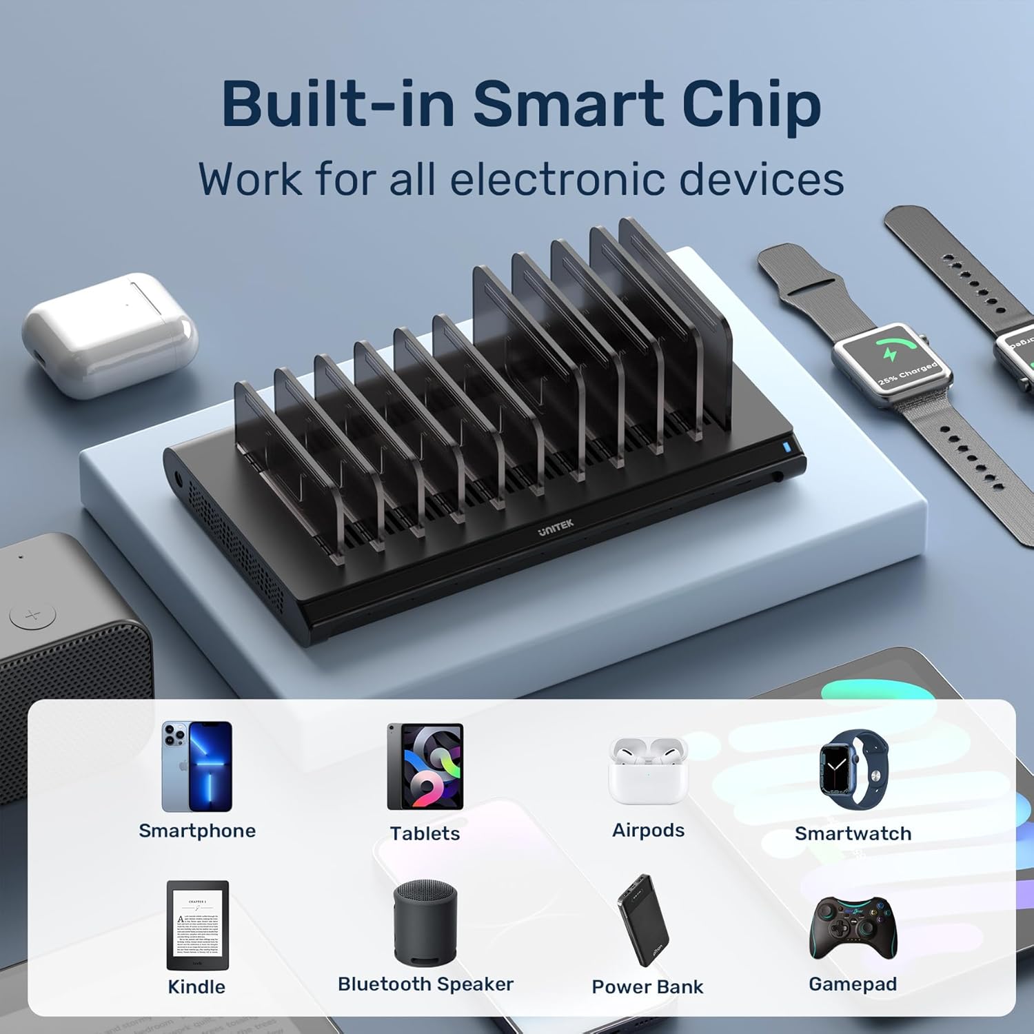 Unitek Multi USB Charging Station - 10 Ports Fast iPad Charging Dock with Type-C & 2 QC 3.0 Port, Charger Station Organizer for Multiple Devices Designed for iPhone, Kindle, Android, Tablets