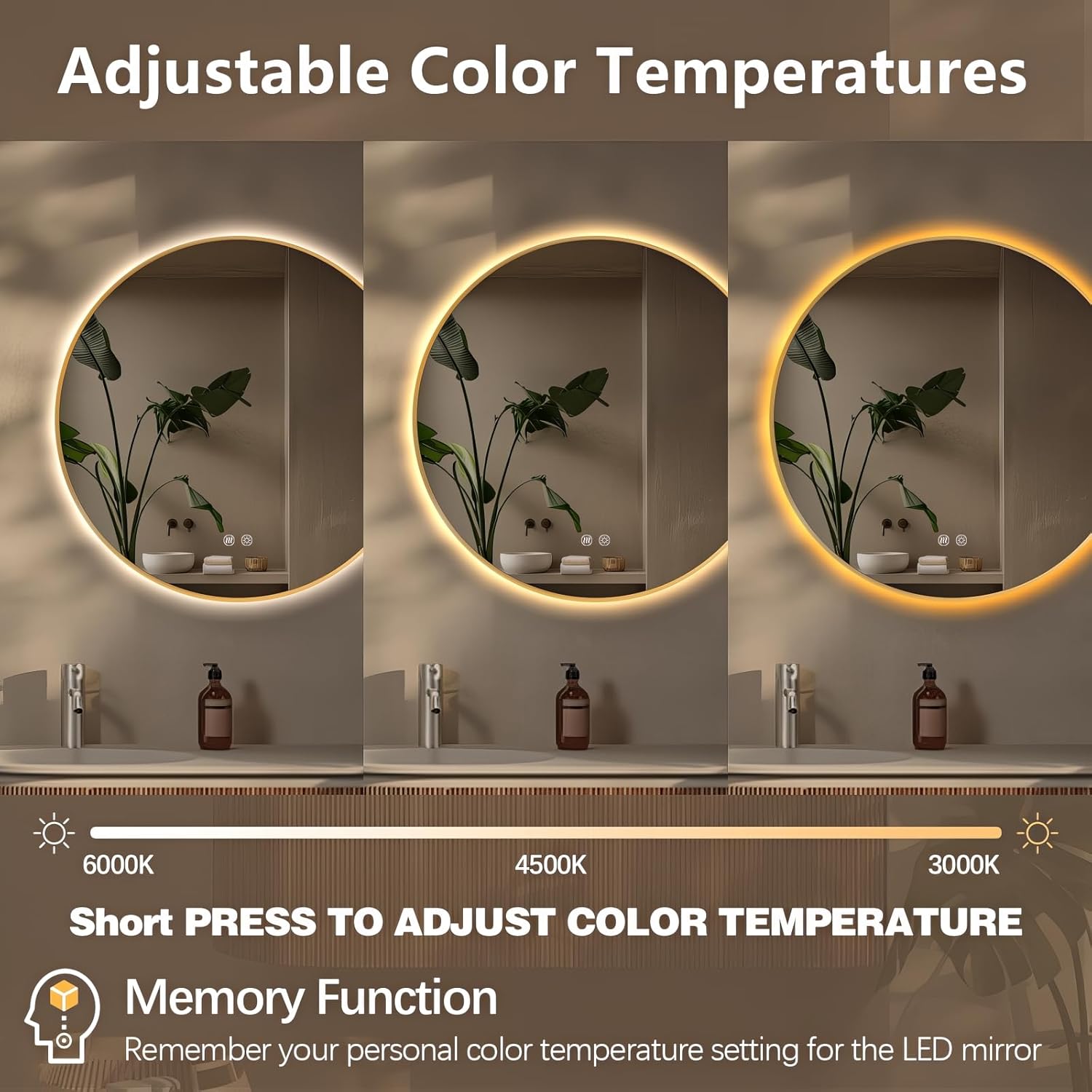 Niccy Round Led Mirror for Bathroom, 24" Backlit Mirror for Wall Circle Lighted Mirror with Gold Frame Anti-Fog, 3 Colors, HD Glass and IP65 Waterproof