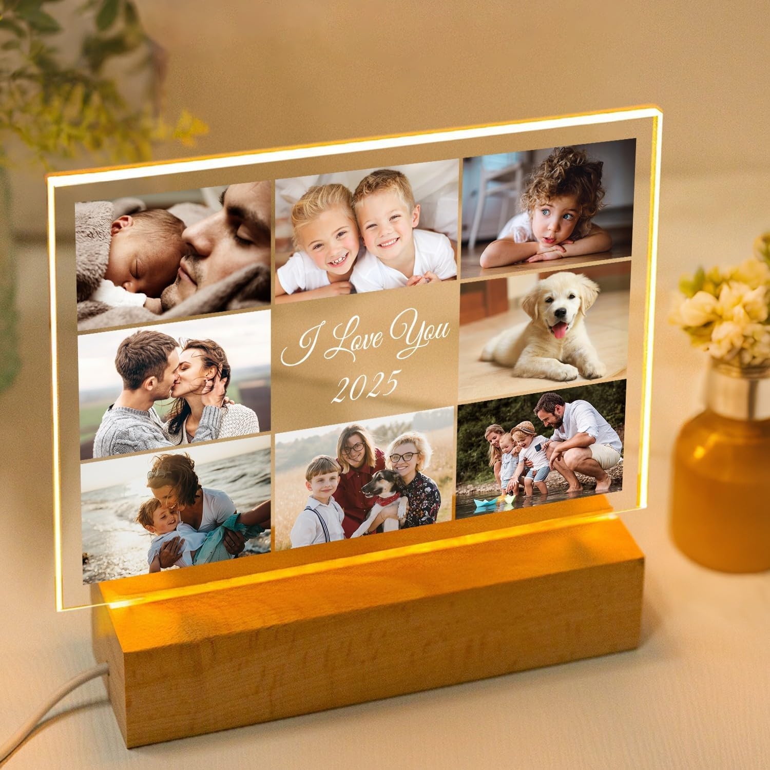 Custom Picture Frame with Photo, Personalized Photo Frame with Night Light, Customized Picture Frames, Personalized Valentines Day Gifts for Women Men Her Him Mom Dad Baby Kid Family Pet