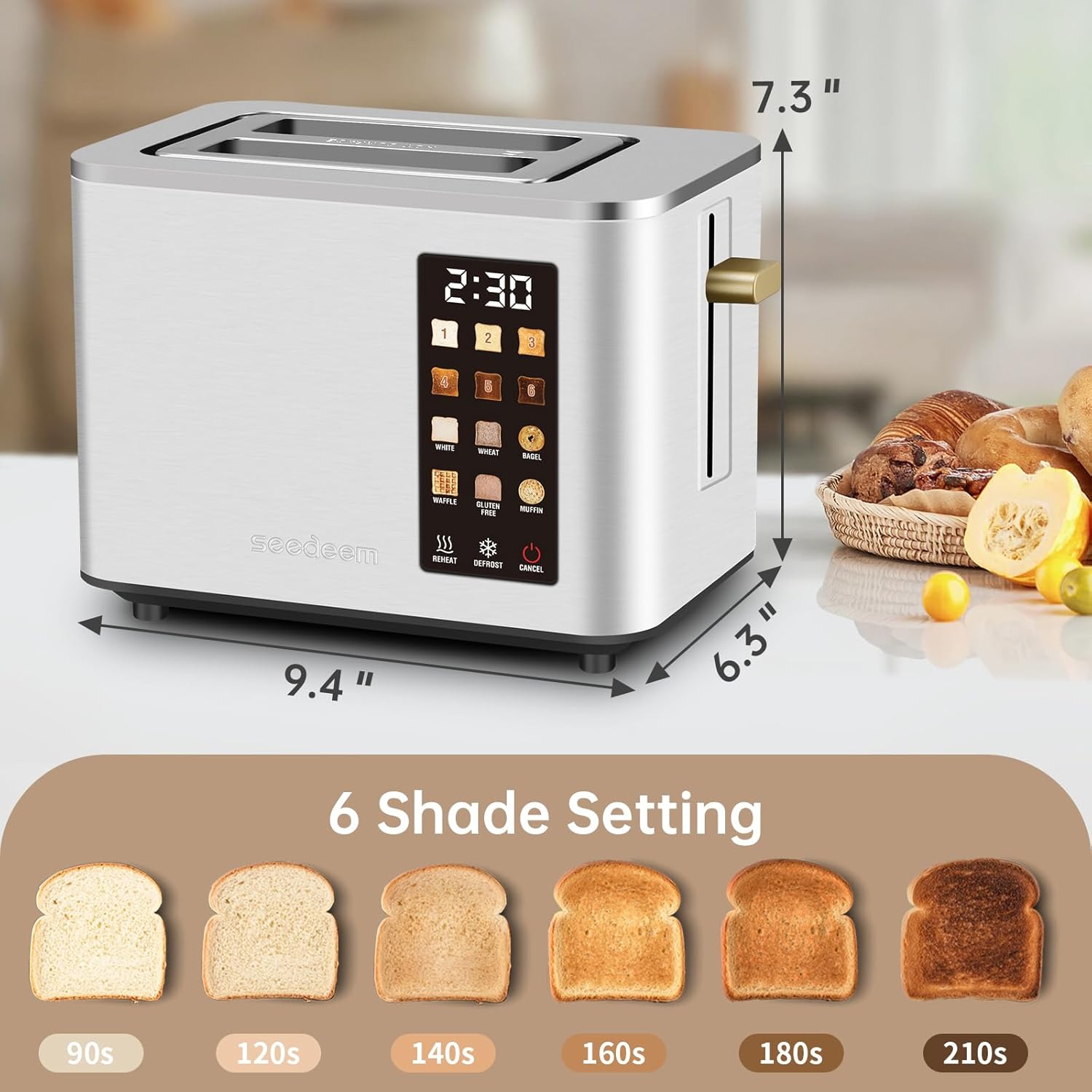 SEEDEEM Toaster 2 Slice, Touch Control Screen, Smart Stainless Toaster, 6 Shade Setting, 6 Bread Selection, Countdown, Removable Crumb Tray, 900W, Silver Metallic