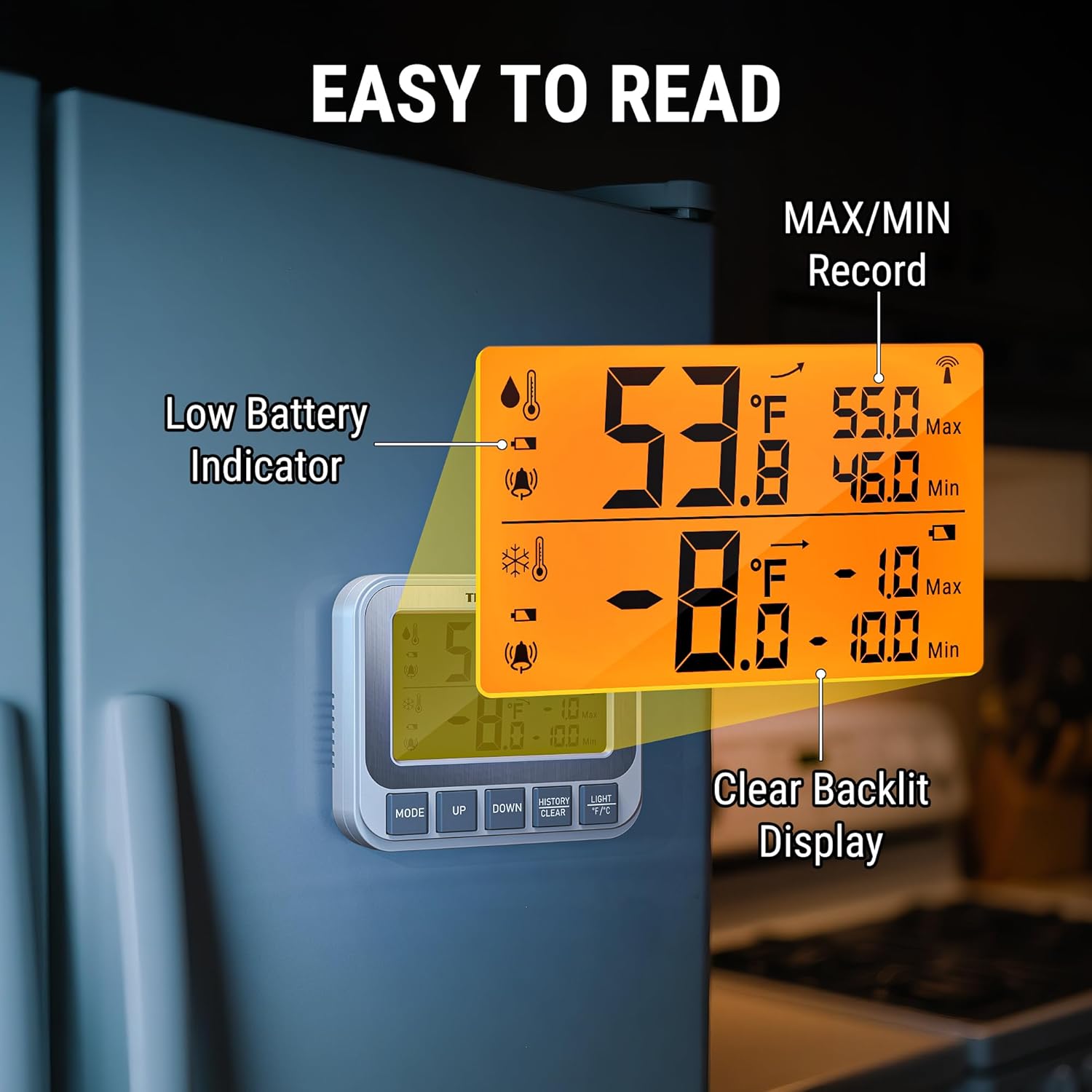 ThermoPro Wireless Freezer Fridge Thermometer with Alarm, 500 ft/150 m Range, High Accuracy, Rechargeable Refrigerator Thermometer with Backlit LCD Display, Battery Included