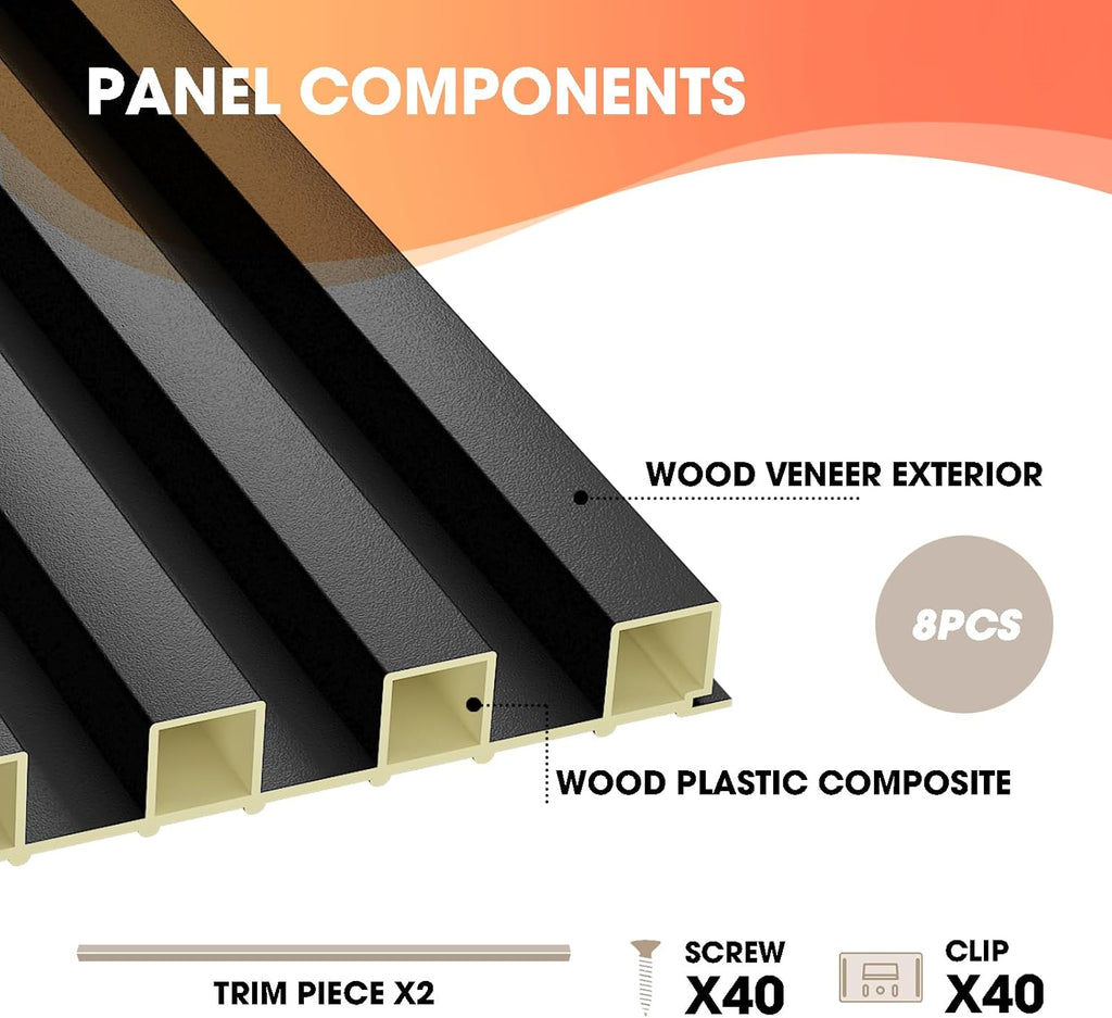 OUZUGIE WPC Acoustic Slat Wall Paneling, 8-Pack 96 x 6 Inches 3D Wall Panels for Interior Wall Decor,Living Room,TV Background,Study Room,Office Spaces,Bedroom,High Grille (Black)
