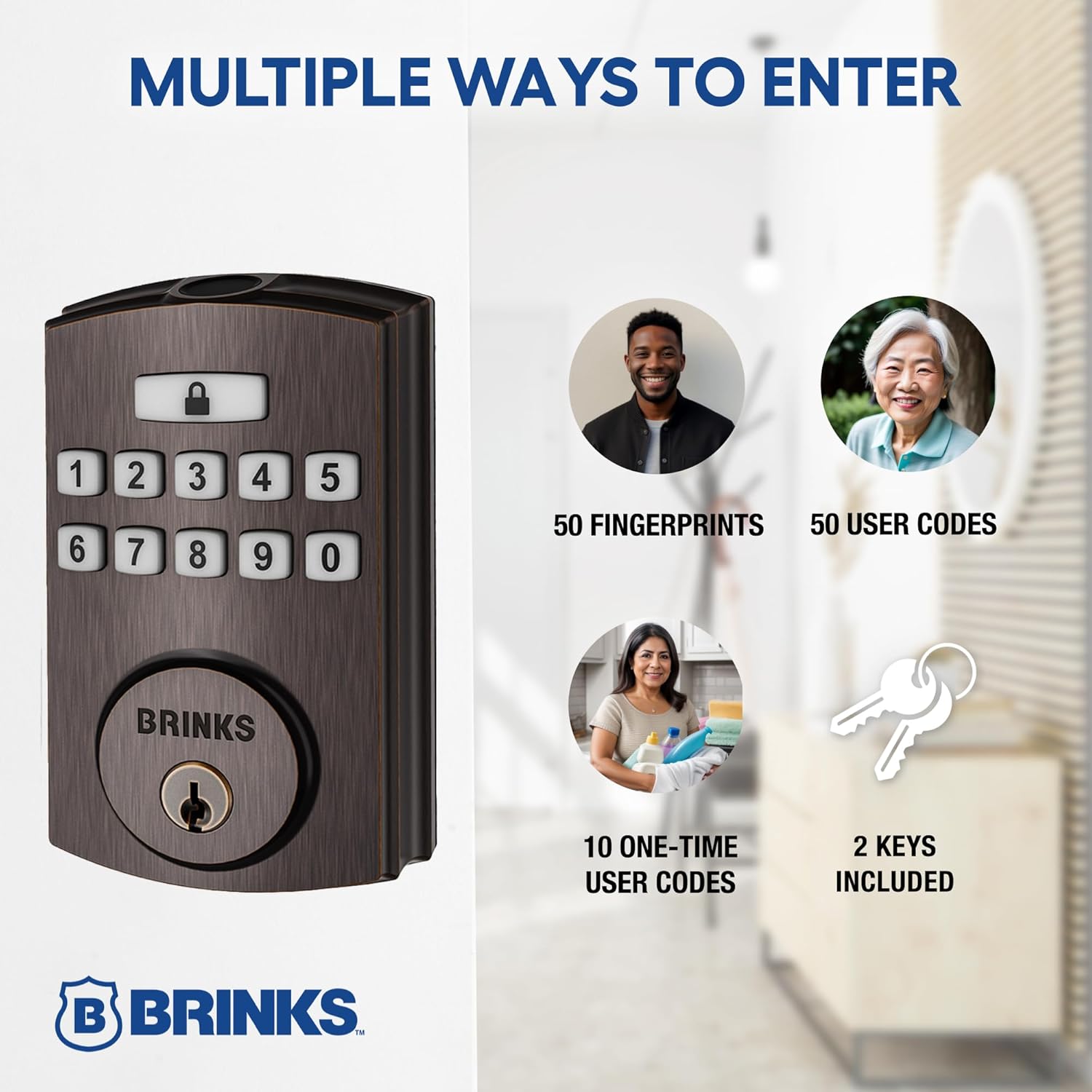 BRINKS Security Door Locks, High-Security Keyless Entry, Smart Electronic Door Lock with Deadbolt, Up to 50 Codes, Automatic Locking (Deadbolt & Passage Knob, Tuscan Bronze)