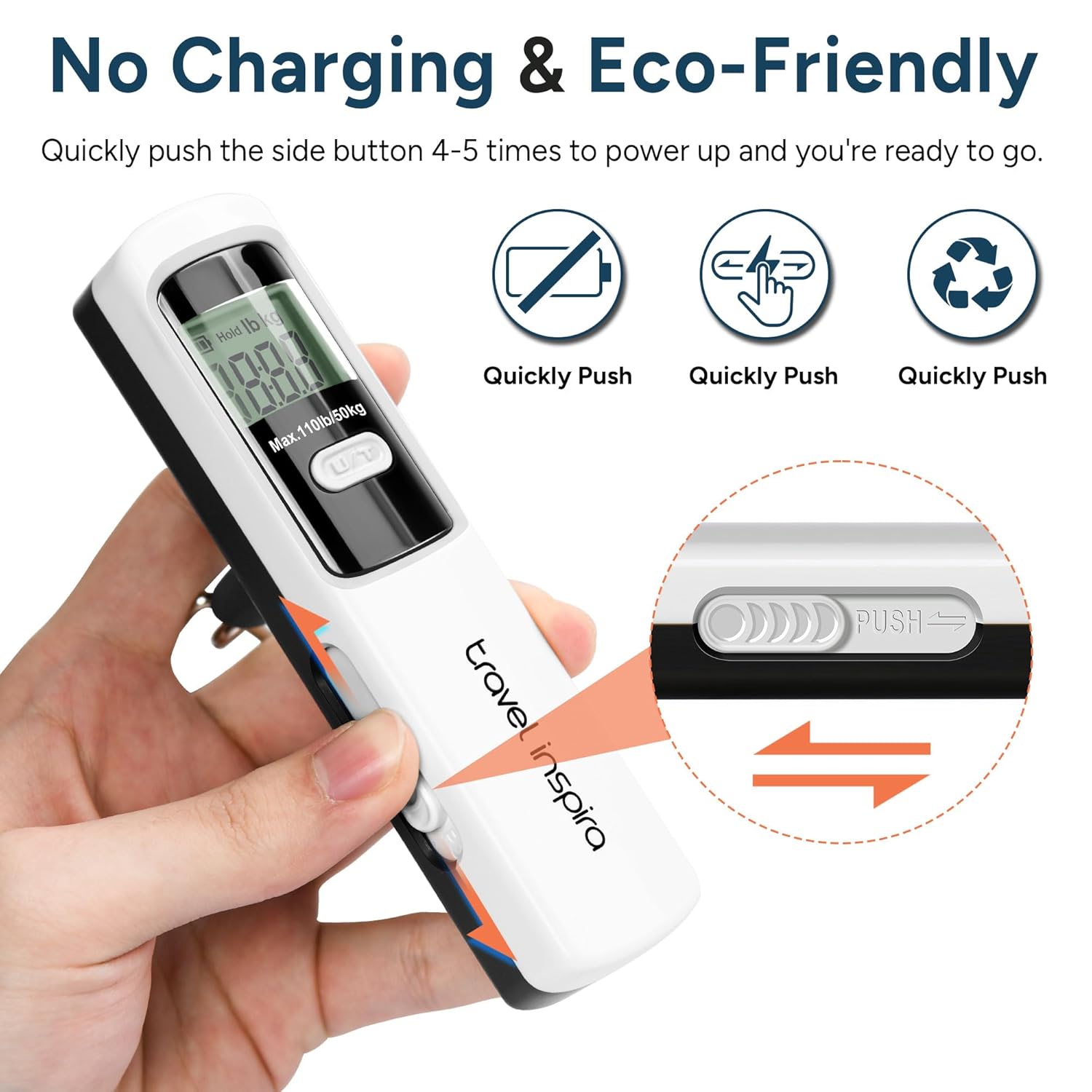 Battery-Free Luggage Scale, Suitcase Scale for Travel, 110 lbs/50 kg, Portable Handheld Weight Scale, No Batteries Needed