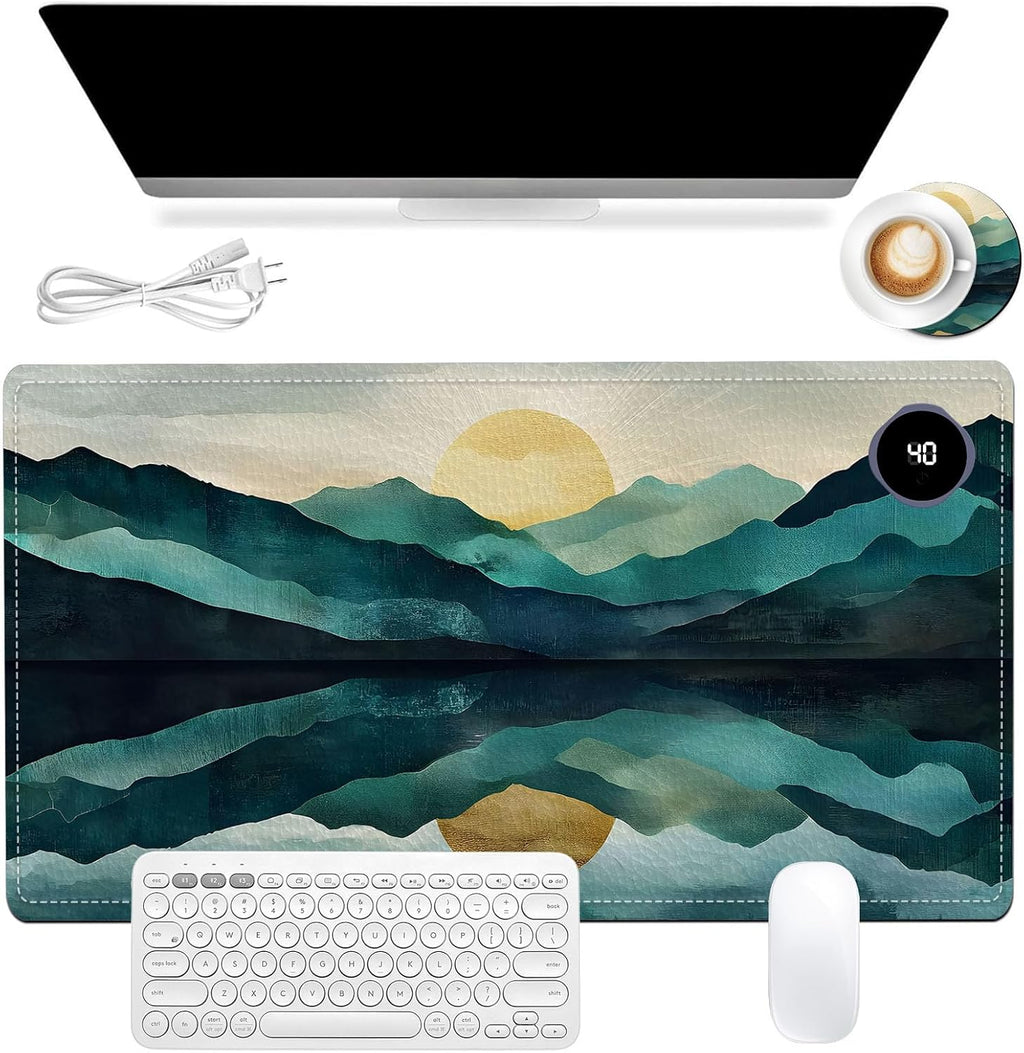 Heated Mouse Pad, Warm Desk Pad, Keyboard Mat 23.6 x 14 Inch Large Size Intelligent Fast Heating, 3 Speed Adjustable, Timed Auto Power Off for Game Office Home, Valley Sunrise
