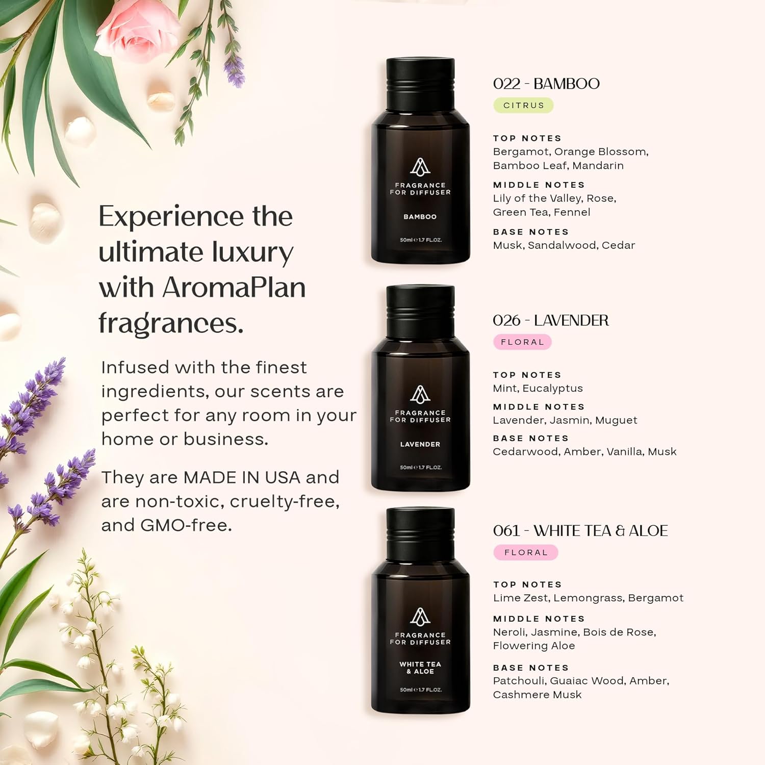 AromaPlan Home Spring Collection Scents,Hotel Premium Collection Set- 5 Star Hotel Collection- Natural, Non-Toxic Cold Air Diffuser Oil - Gift Ready, Diffuser Oils Scent (3 Pack/1.7 fl.oz (50 ml)