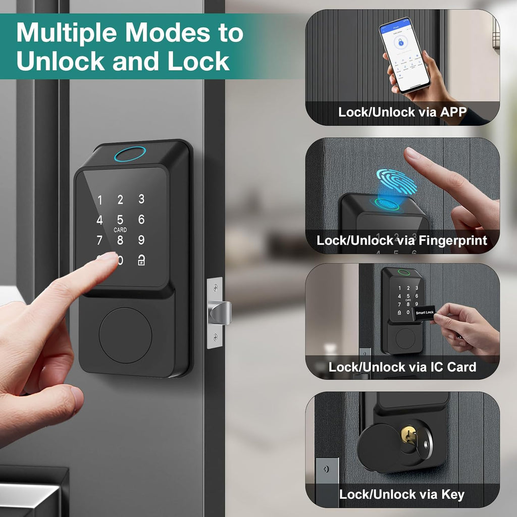 Smart Door Lock Keyless Entry with TTLock APP Fingerprint Touchscreen Keypad IC Card Key Type-C Charging Unlocking 6 in 1 Electric Biometric Digital Deadbolt for Front Doors Home Apartment