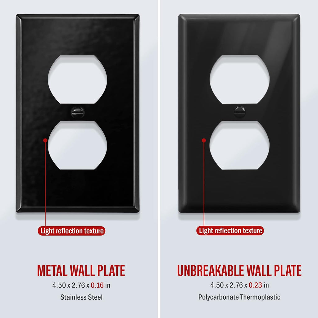 ENERLITES Duplex Receptacle Metal Wall Plate, Outlet Cover, Corrosion Resistant, Standard Size 1-Gang 4.50" x 2.76", Powder Coated Stamped Steel, 7721-BG, Black Gloss