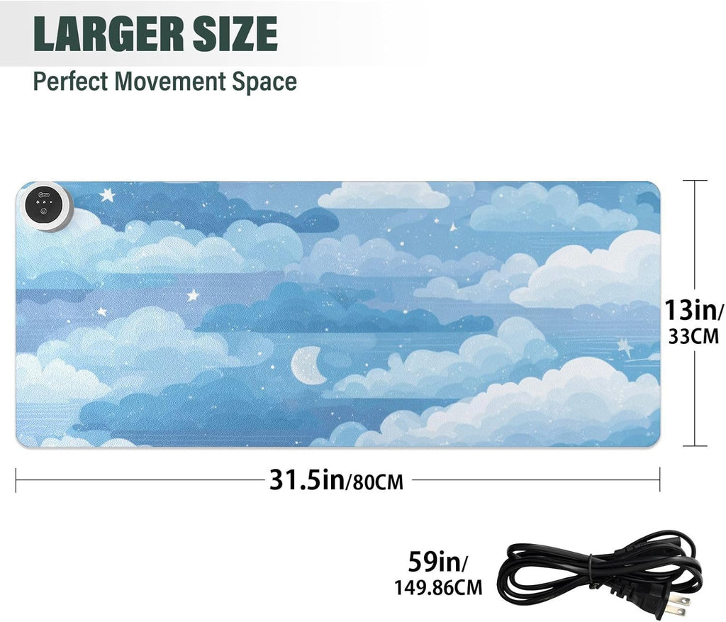 Heated Desk Pad Mouse Pad 31.5x13 Inch PU Leather Desk Mat with 3 Heat Levels Large Mouse Gaming Computer Laptop Mat Blue Gradient Cloud and Stars