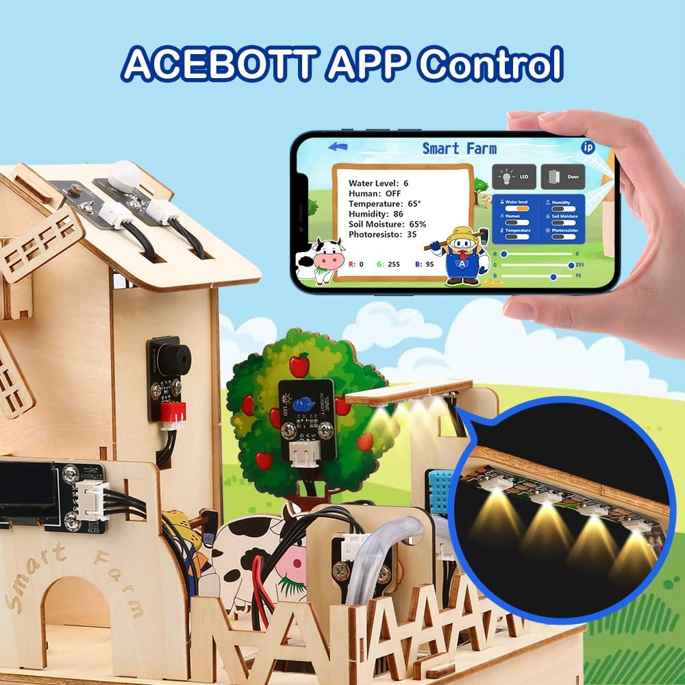 ACEBOTT ESP32 IOT Smart Farm Kit Compatible with Arduino/Scratch, STEM Kit Coding Kit with APP Control, Stem Toys Wooden House Building kit, STEM Educational kit for Kids 12+