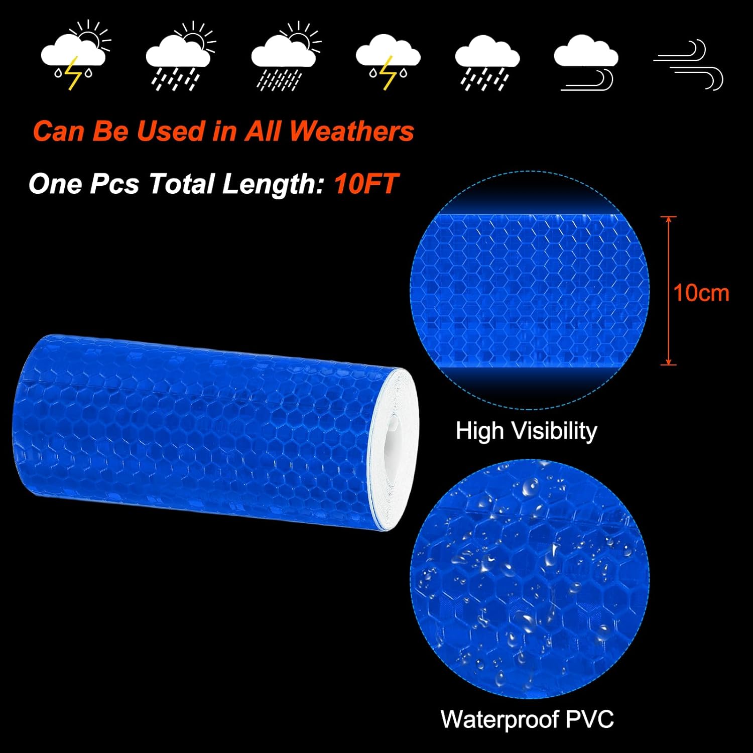 PATIKIL 4 Inch x 10 ft Reflective Tape, 1 Roll Waterproof Self Adhesive High Visibility Caution Warning Safety Tape Reflector with Scraper for Trucks Trailers Cars, Blue