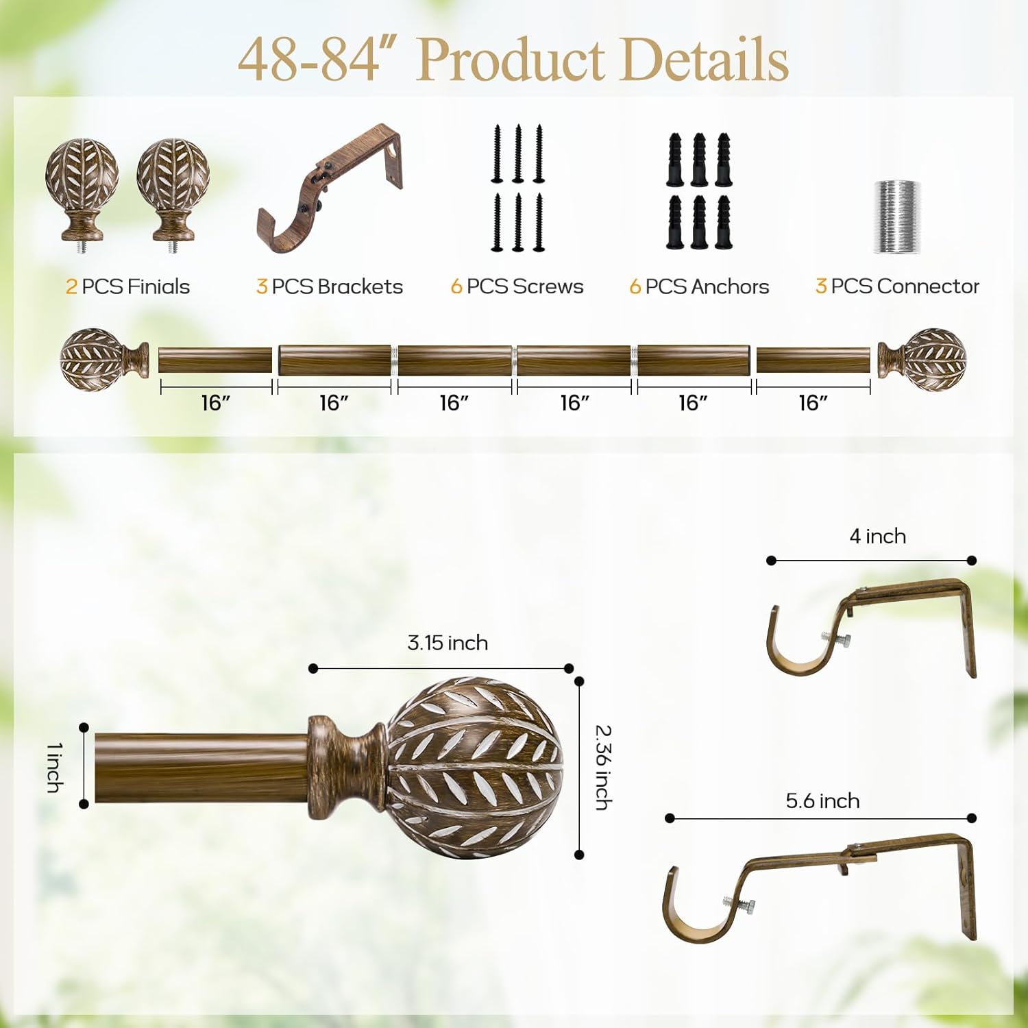 Boho Wooden Curtain Rods for Windows 48 to 84 Inches(4-7 ft), Adjustable Heavy-Duty 1" Diameter Drapery Rod with Imitation Wood-Grain Leaf-Pattern Finials - for Living Room & Bedroom，36-88''