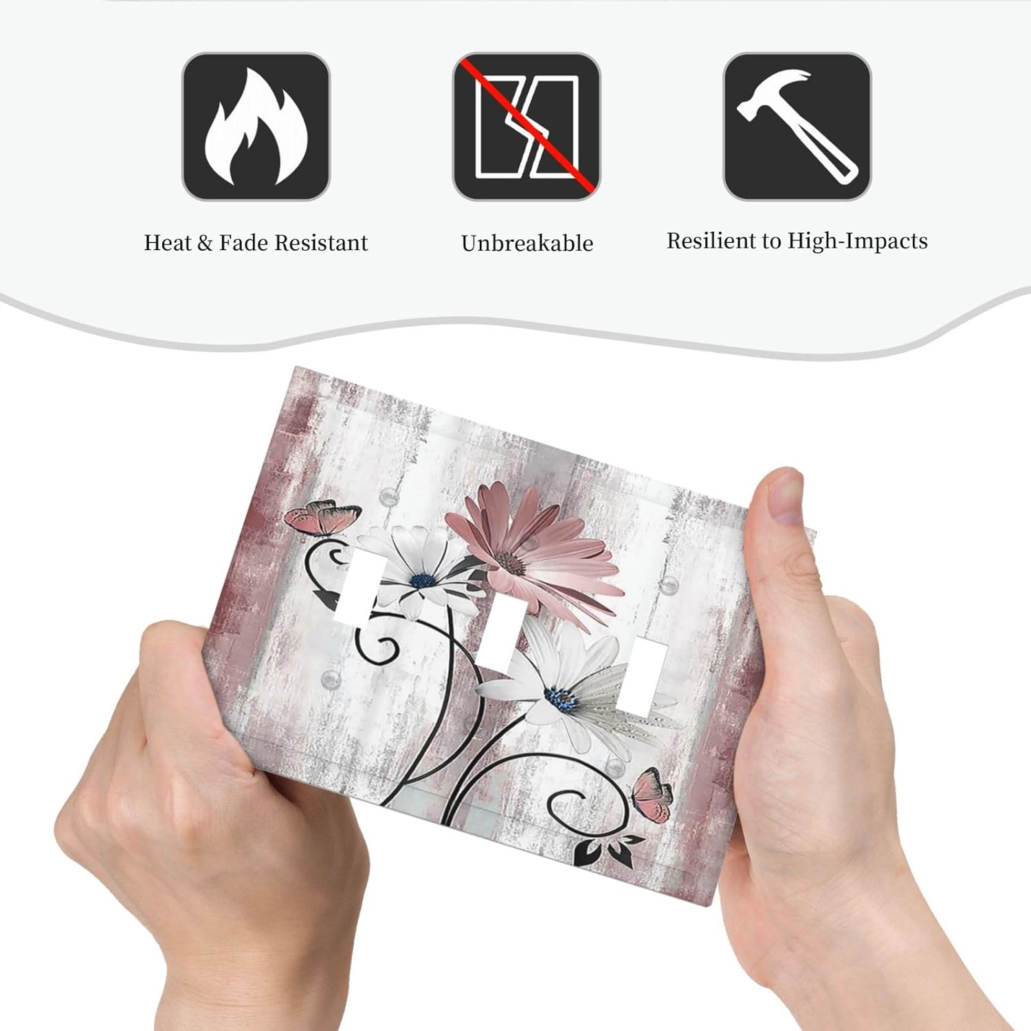 Decorative Switch Plates Pink White Daisy Butterfly Wood Grain 3 Gang Wall Plate Triple Toggle Light Switch Cover Faceplate Electrical Wall Panels for Farmhouse Bathroom Decor