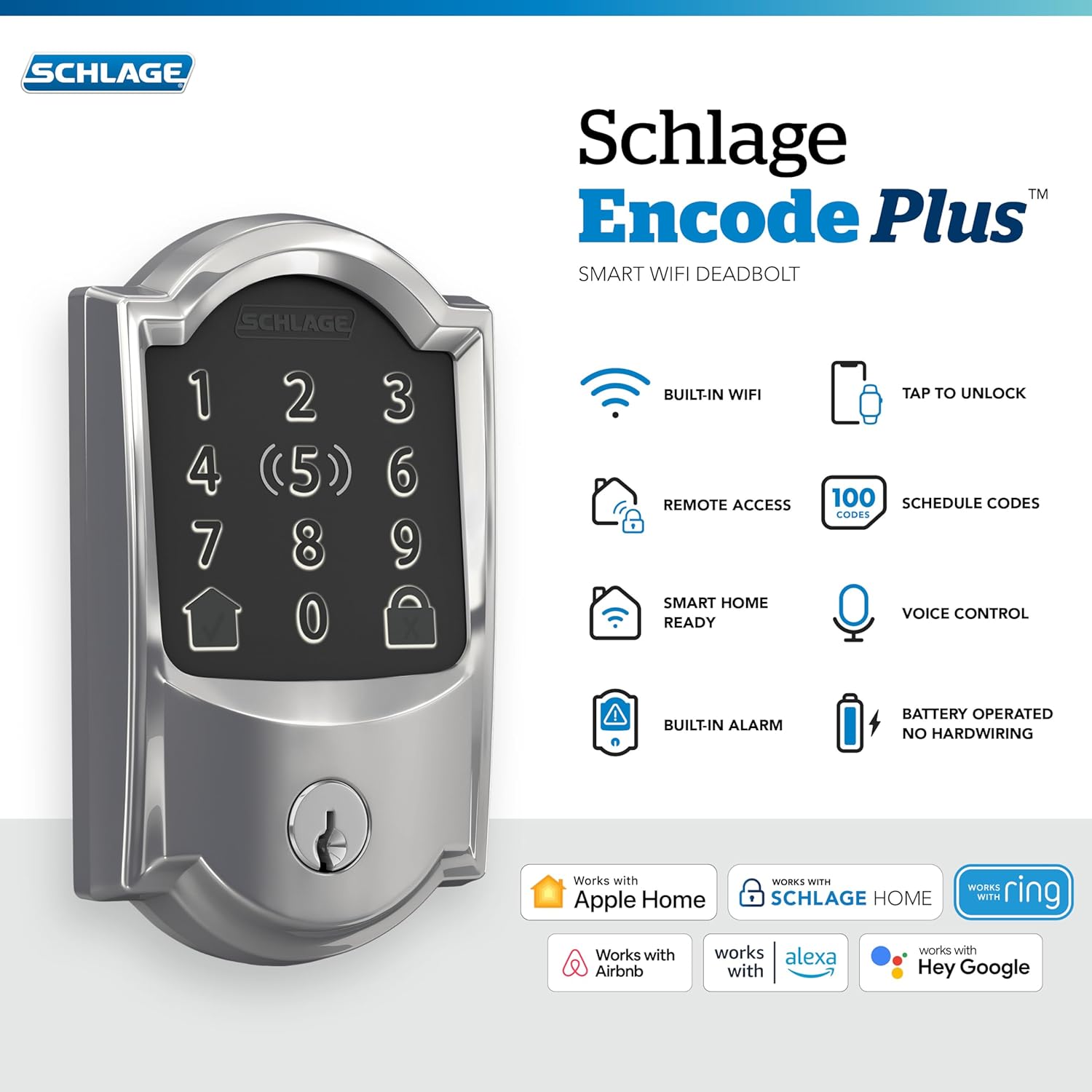 Schlage BE499WB CAM 625 Encode Plus WiFi Deadbolt Smart Lock, Keyless Entry Touchscreen Door Lock with Camelot Trim, Bright Chrome
