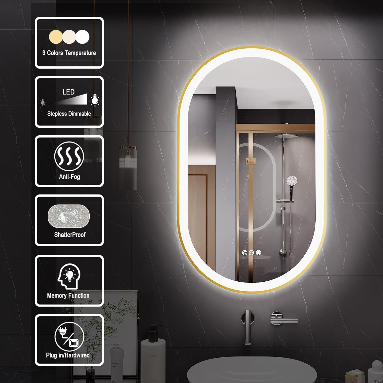 LED Mirror for Bathroom, 24x40 Inch Vanity Mirror with Lights，Anti-Fog Oval Bathroom Mirror, 3 Colors and Stepless Dimmable Wall Mounted Makeup Mirror with Metal Frame
