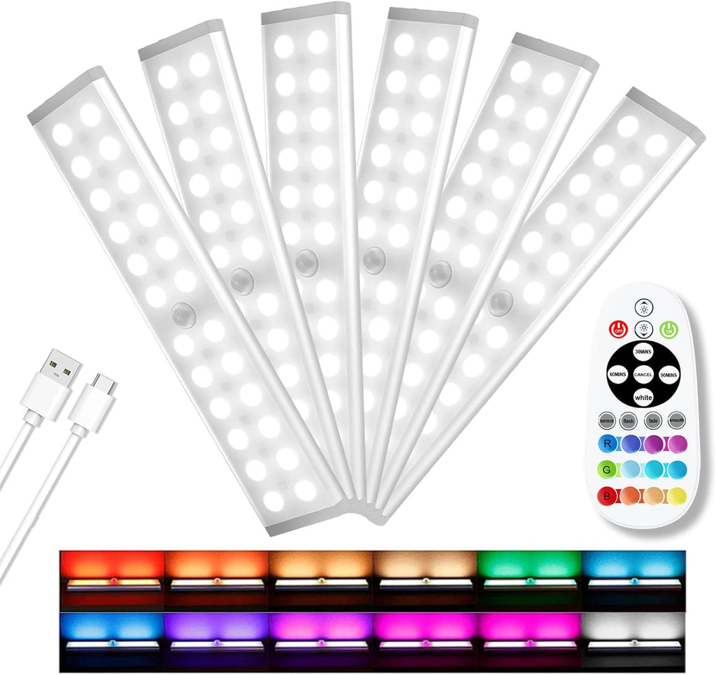Diomart Under Cabinet Lights, Rechargeable Motion Sensor Light Indoor Night Lights, 58 LED Wireless Under Counter Lighting with Remote Control for Kitchen, Wardrobe, Hallway, Stairs (6 Pcs)