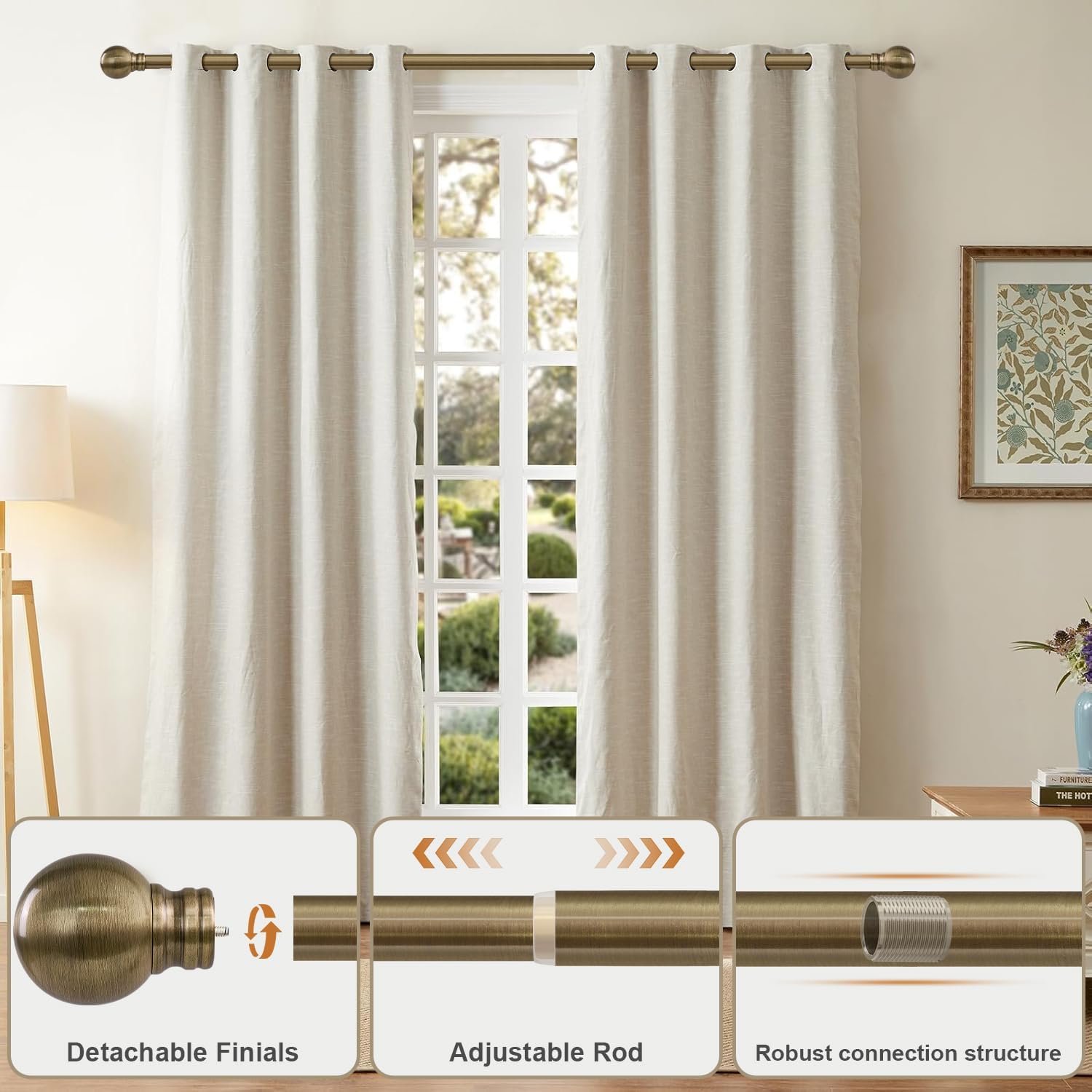 Antique Bronze Curtain Rods for Windows 72 to 144 Inch Long Brass Window Curtain Rod 1" Diameter Adjustable Heavy Duty with Metal Finials for Living Room Bedroom Farmhouse Kitchen Outdoor