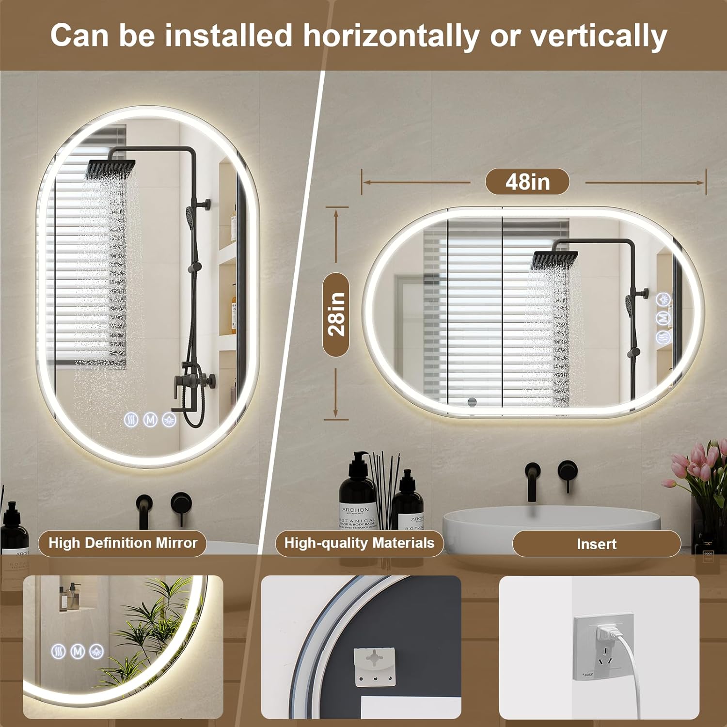 BEAUTYPEAK 48x28 LED Oval Bathroom Mirror with Lights, Anti-Fog, Dimmable, Backlit + Front Lit, Lighted Bathroom Vanity Mirror for Wall, 3 Colors, Memory Function, Tempered Glass, Shatter-Proof